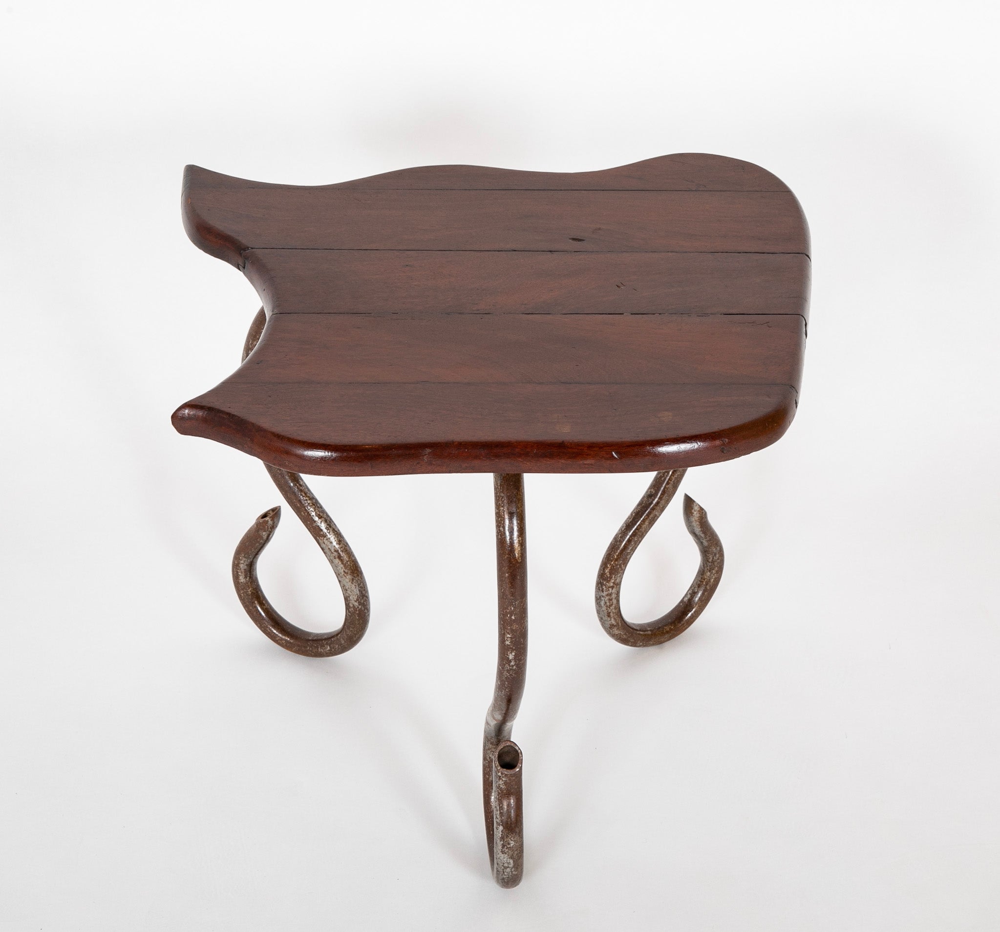 Set of Iron Table and Two Stools Having Wood Tops