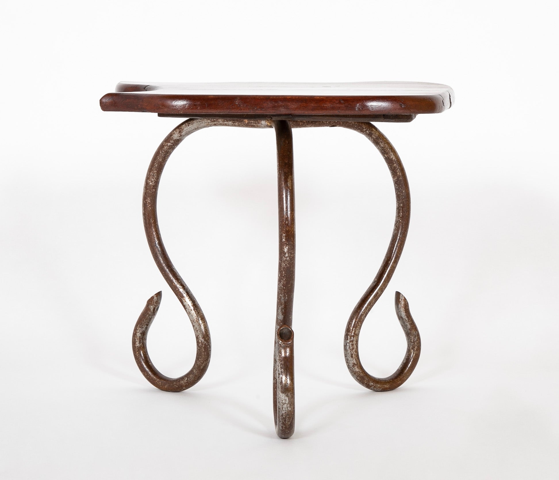 Set of Iron Table and Two Stools Having Wood Tops