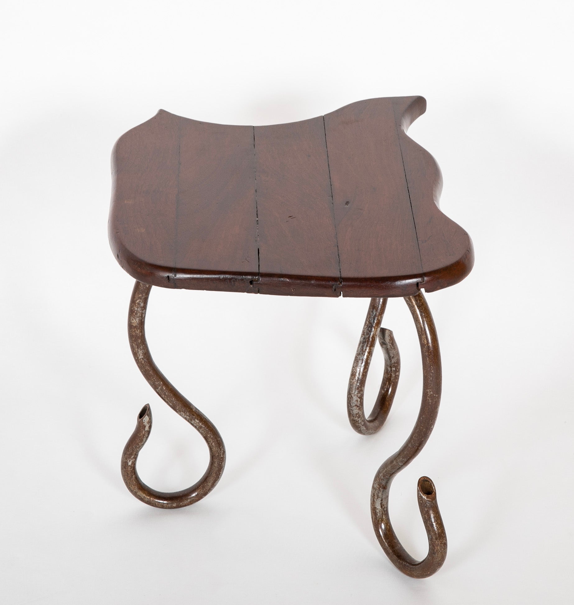 Set of Iron Table and Two Stools Having Wood Tops