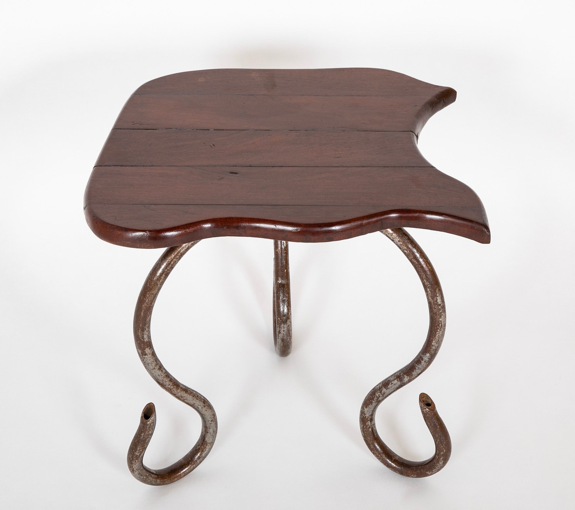 Set of Iron Table and Two Stools Having Wood Tops