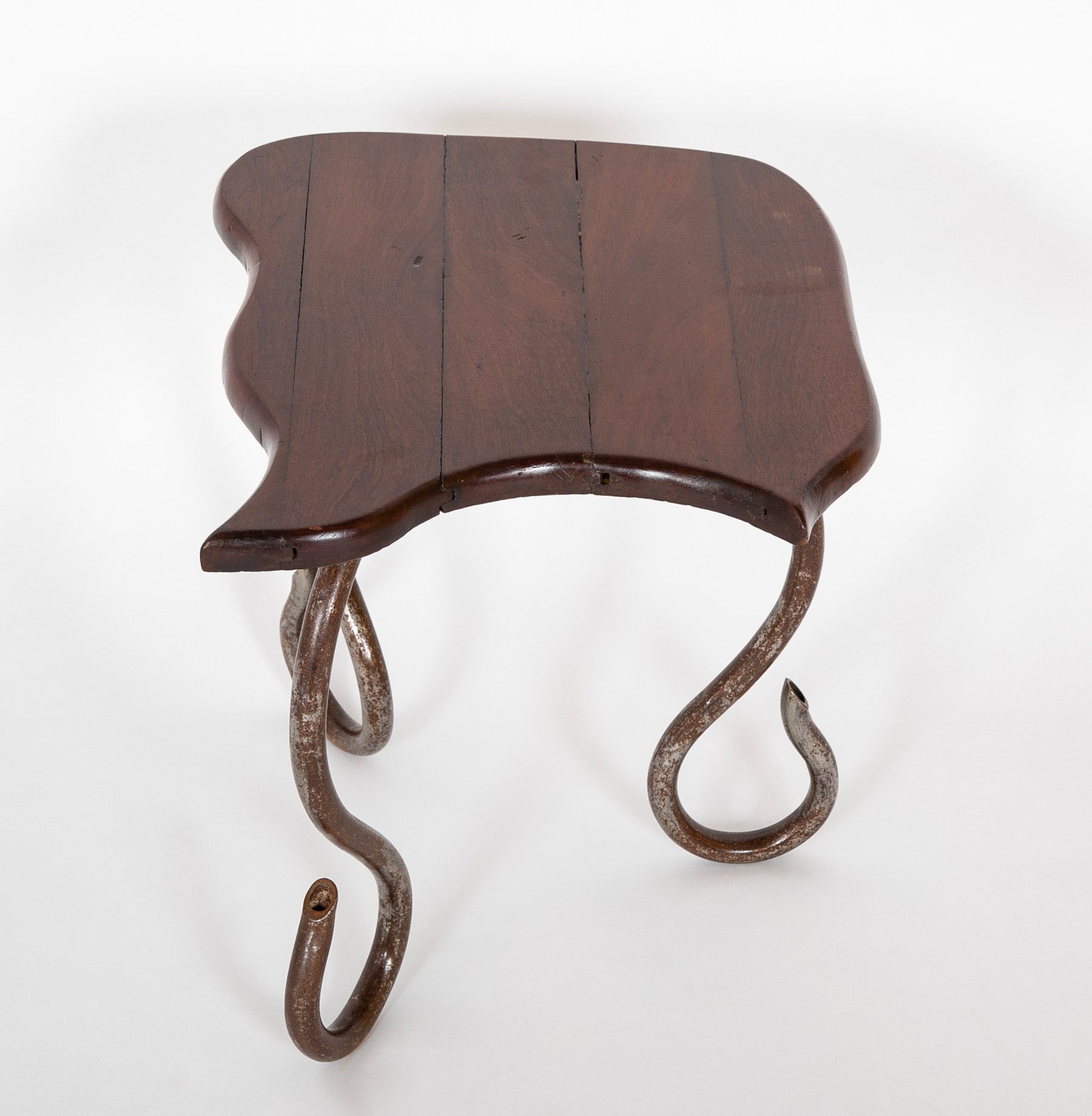 Set of Iron Table and Two Stools Having Wood Tops
