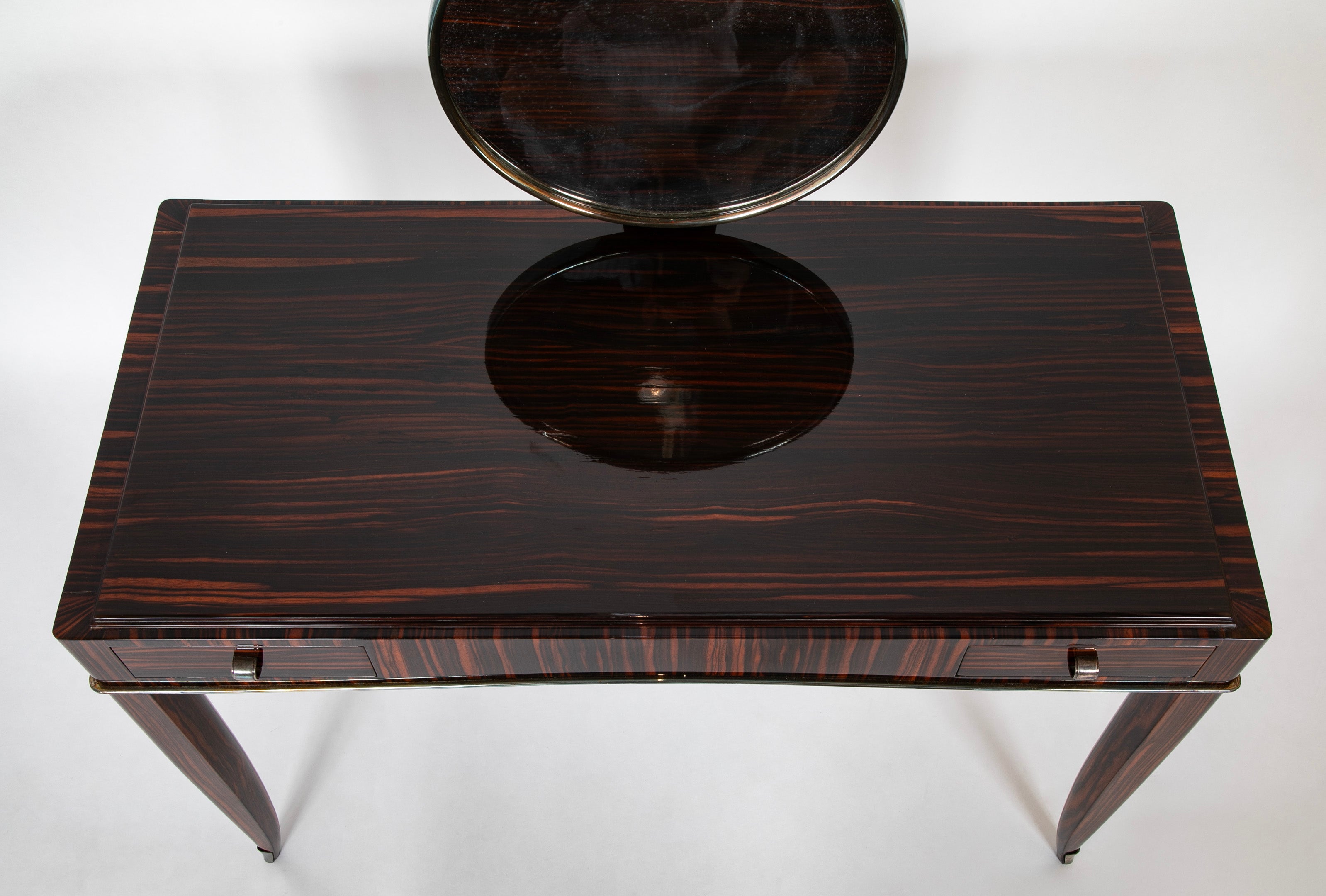 SOLD 9/17/25 Dominique Dressing Table in Macassar Ebony with Round Mirror