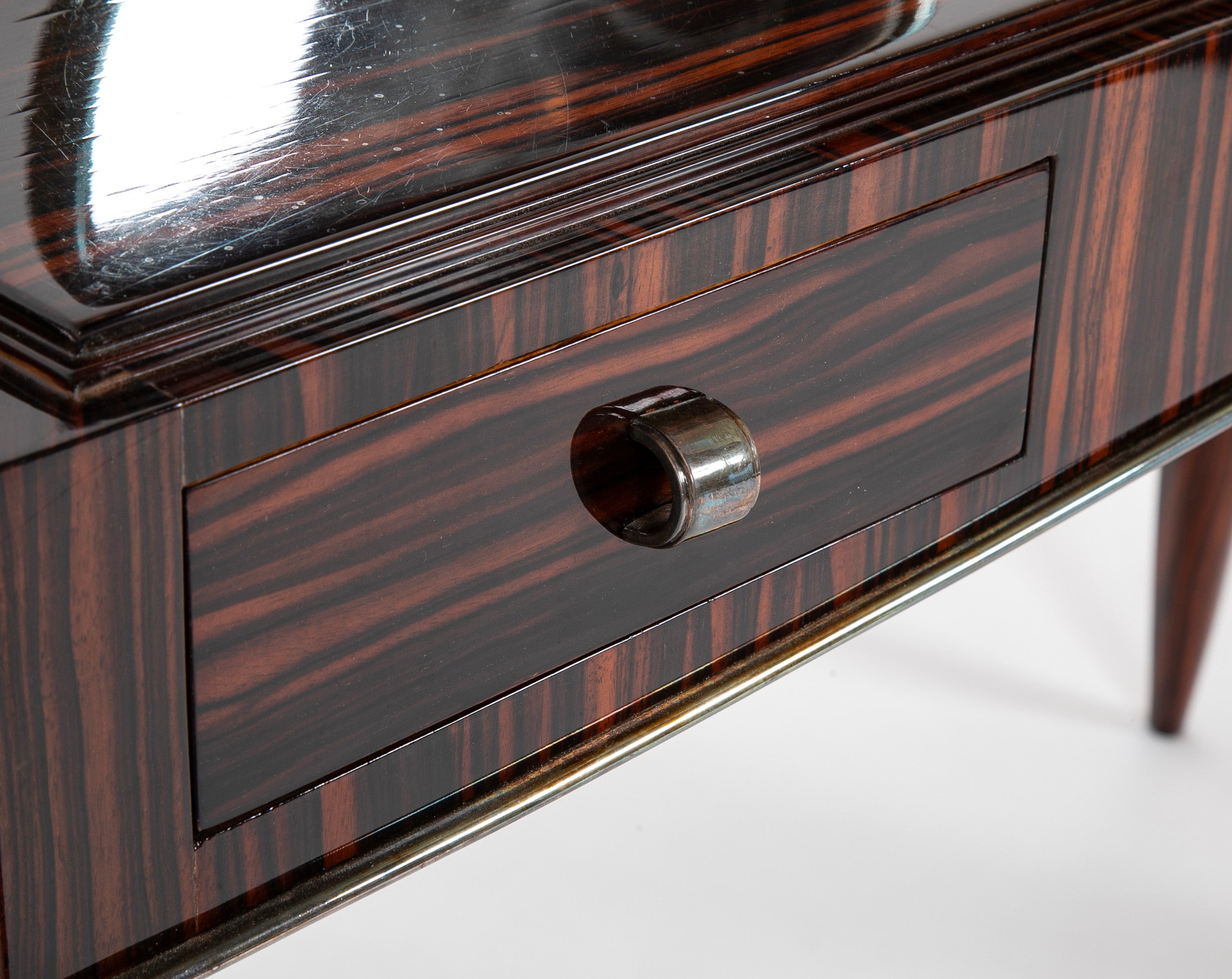 SOLD 9/17/25 Dominique Dressing Table in Macassar Ebony with Round Mirror