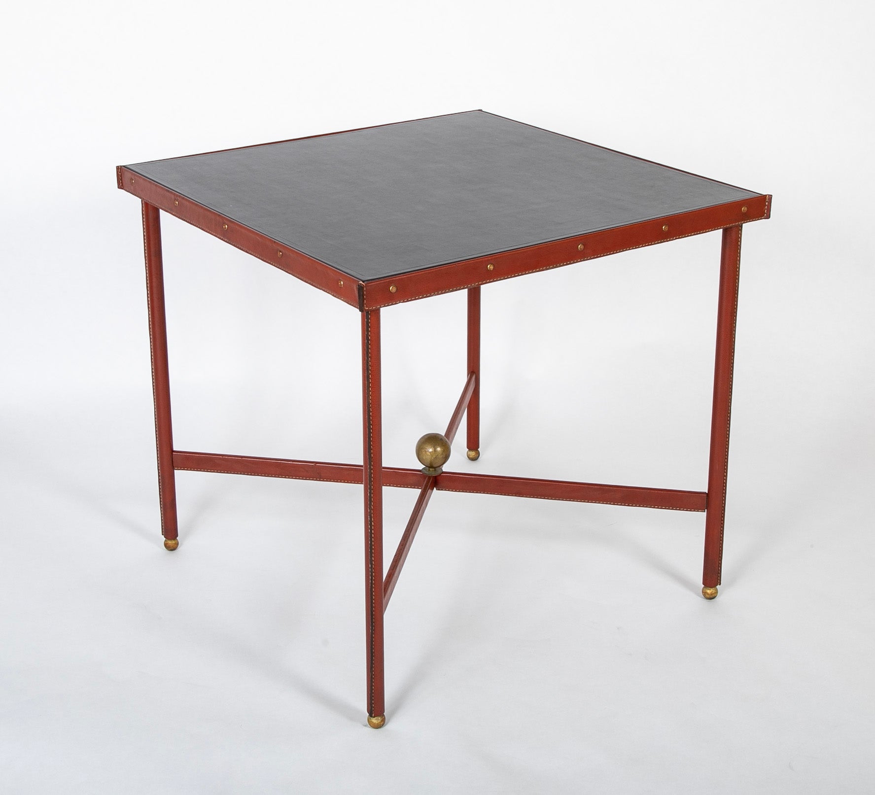 Suite of Jacques Adnet Black & Brown Leather Covered Games Table & Chairs