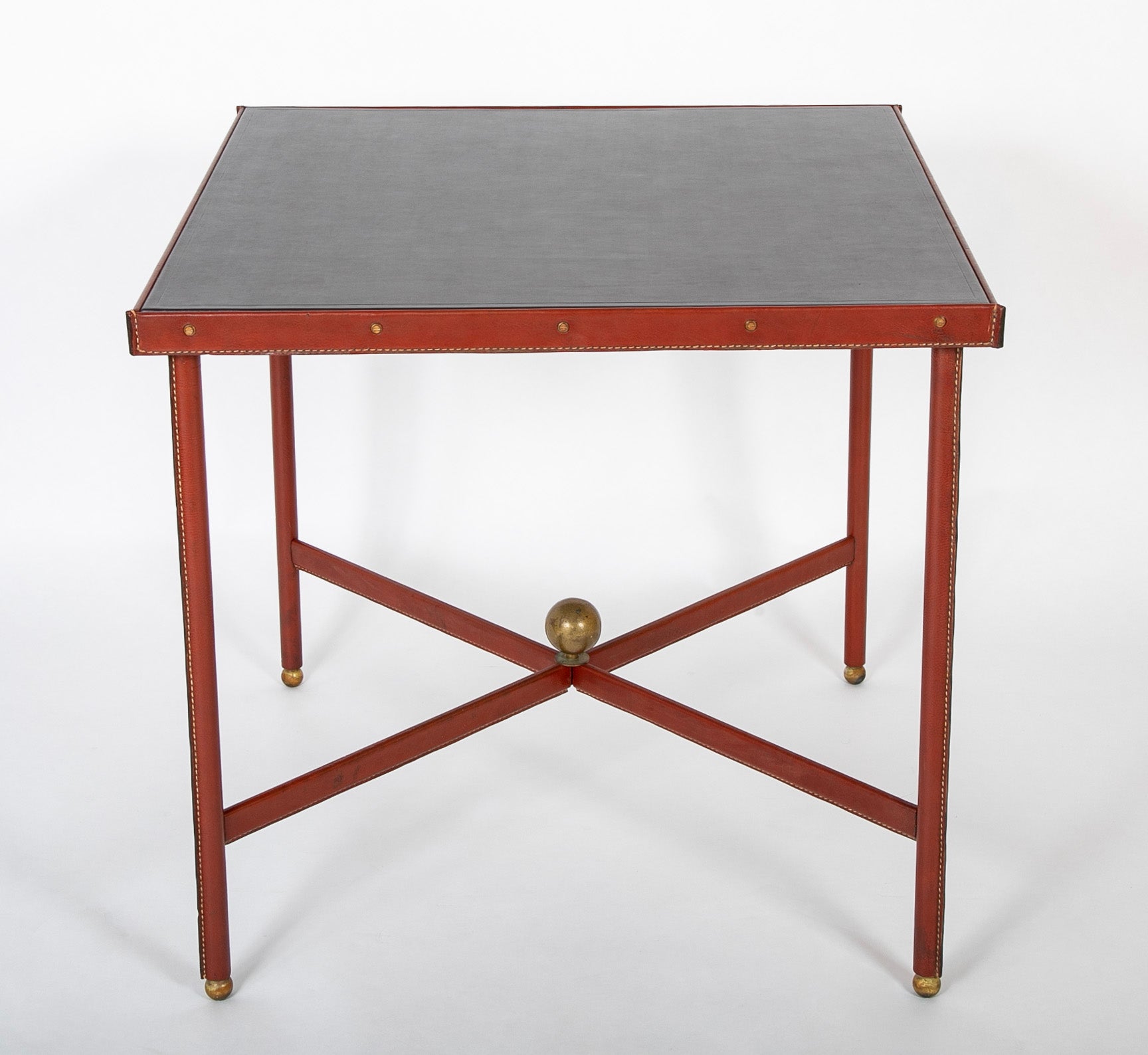 Suite of Jacques Adnet Black & Brown Leather Covered Games Table & Chairs