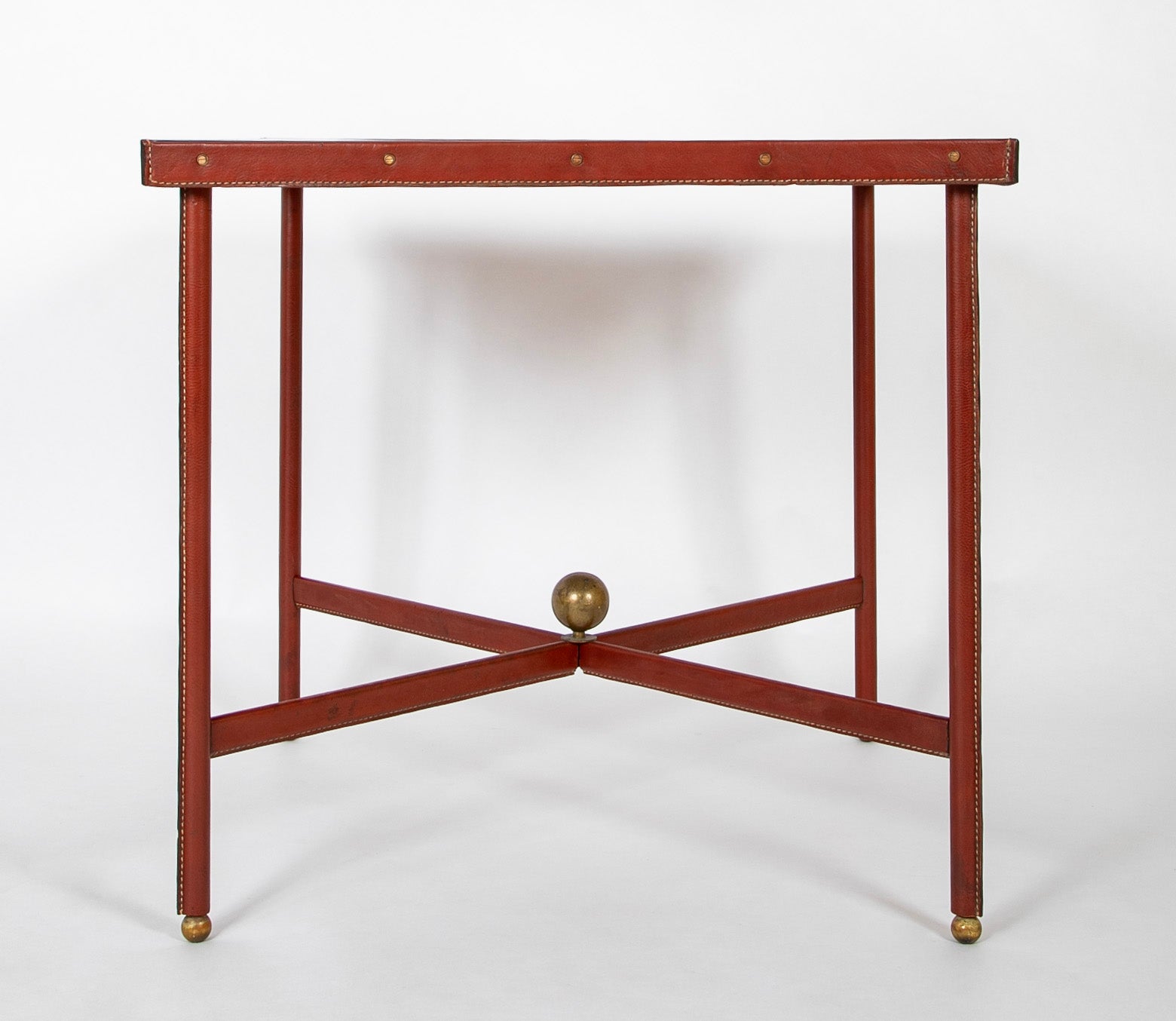 Suite of Jacques Adnet Black & Brown Leather Covered Games Table & Chairs