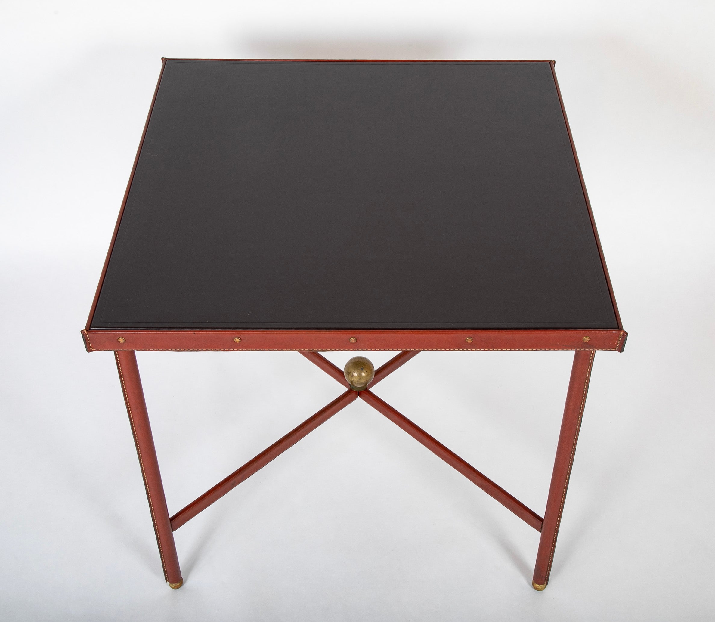 Suite of Jacques Adnet Black & Brown Leather Covered Games Table & Chairs