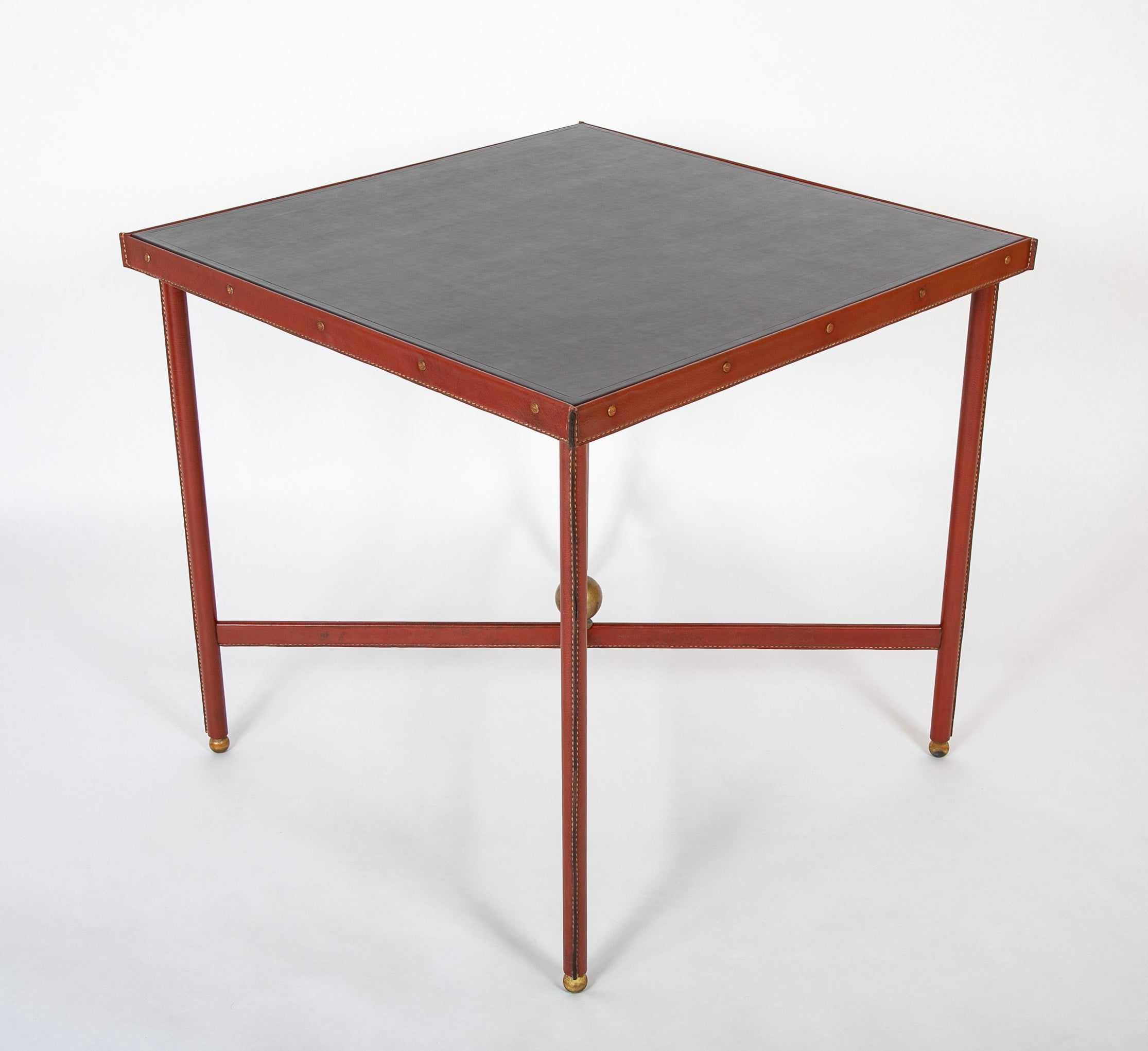 Suite of Jacques Adnet Black & Brown Leather Covered Games Table & Chairs
