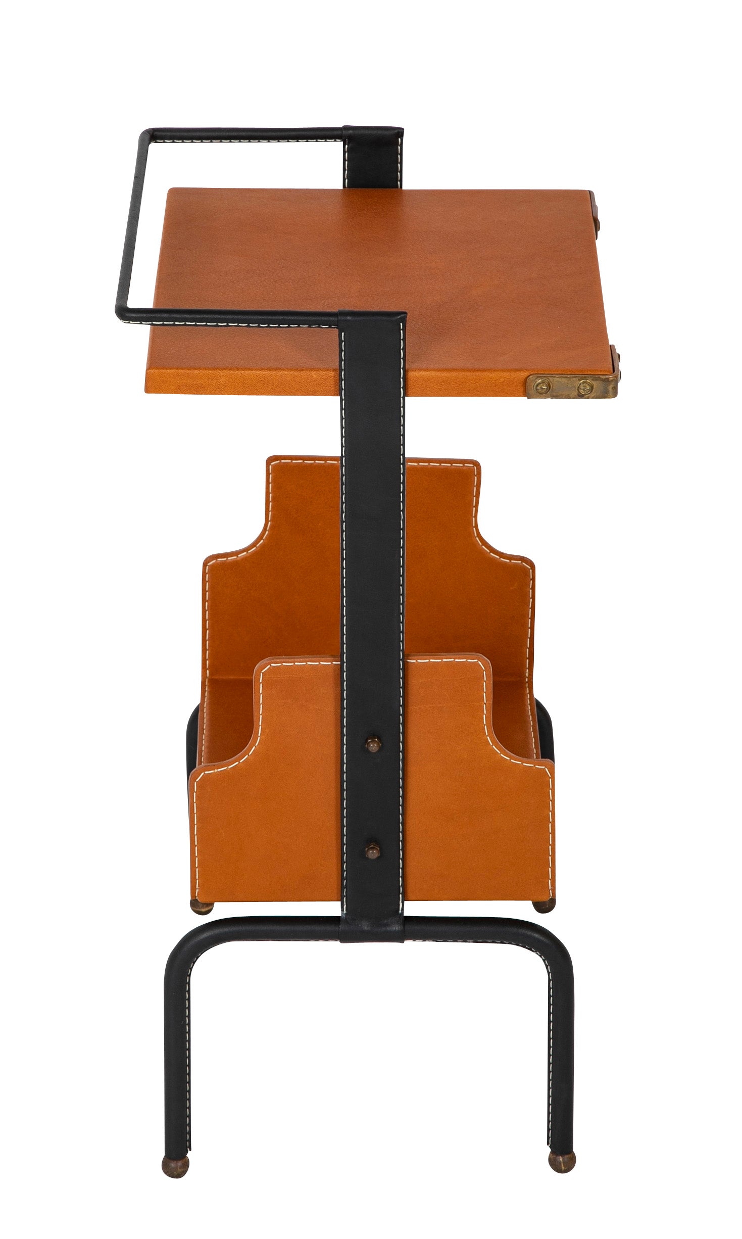 A Jacques Adnet Black and Cognac Leather over Metal Frame Table