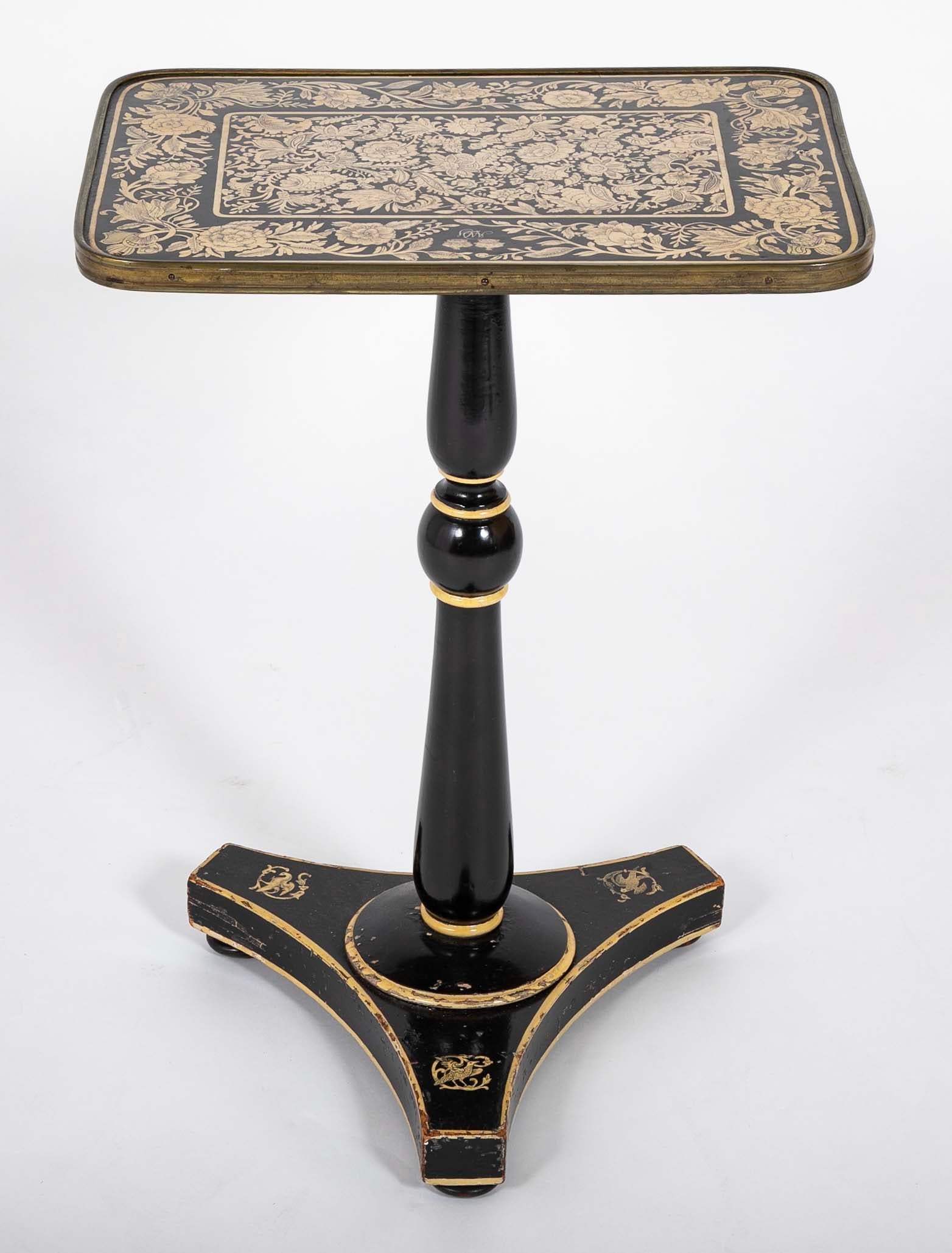 Early 19th Century English Black Lacquered Penwork Decorated Table