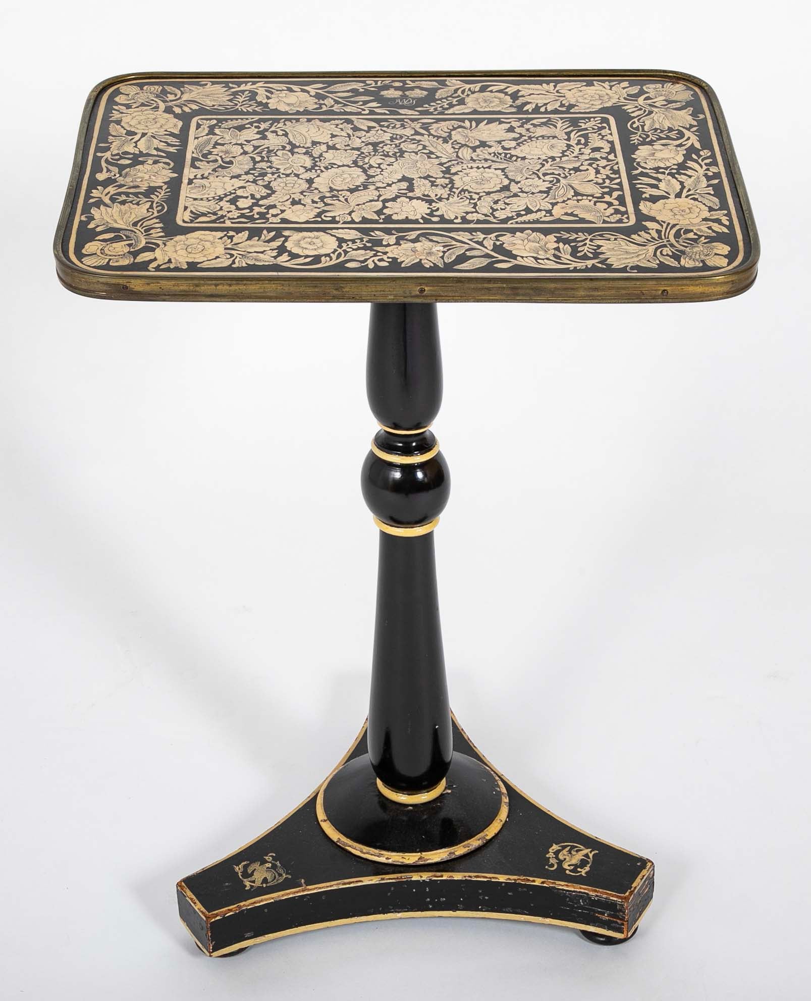 Early 19th Century English Black Lacquered Penwork Decorated Table