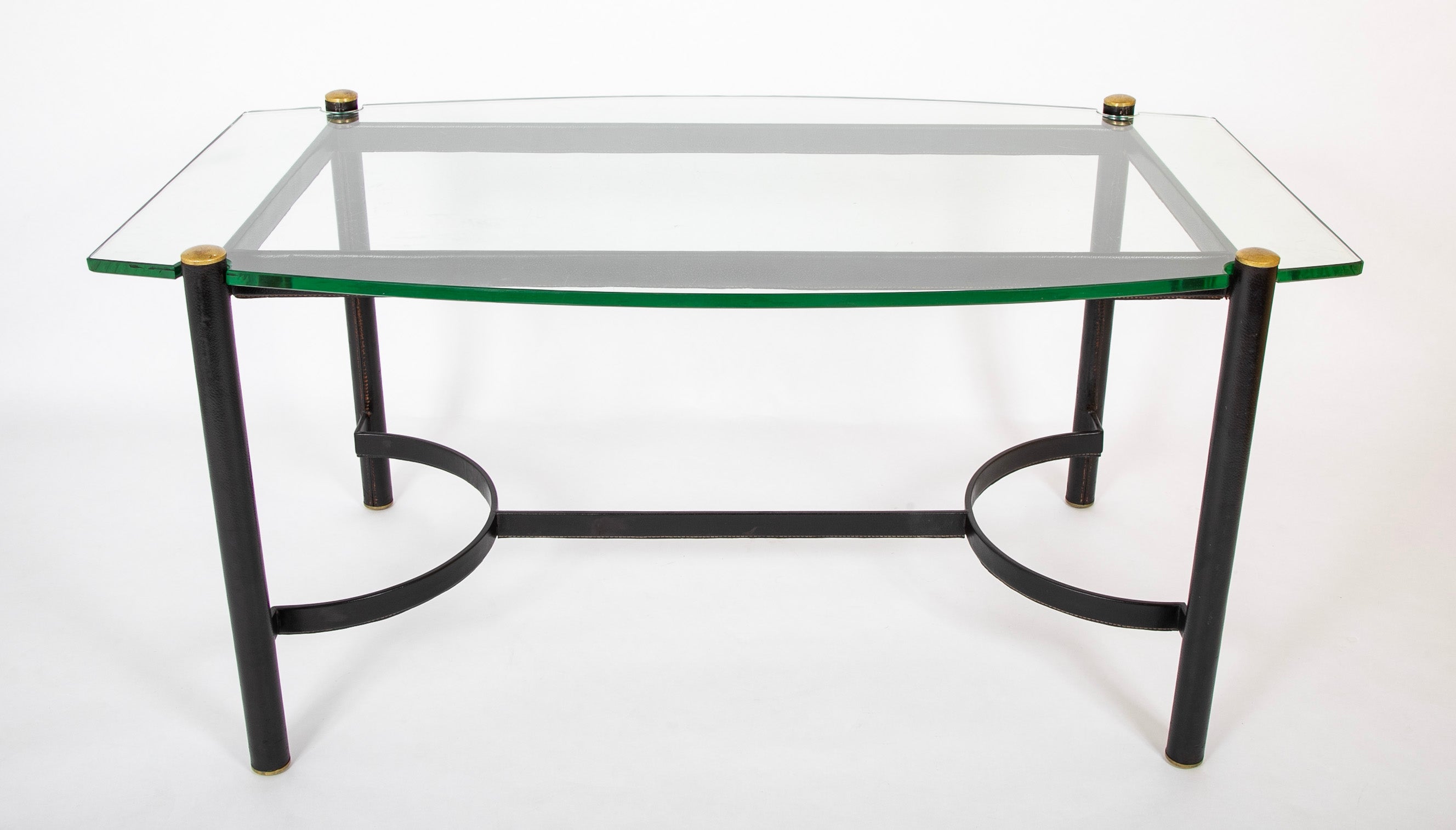 Jacques Adnet Leather Wrapped Dining Table with Glass Top