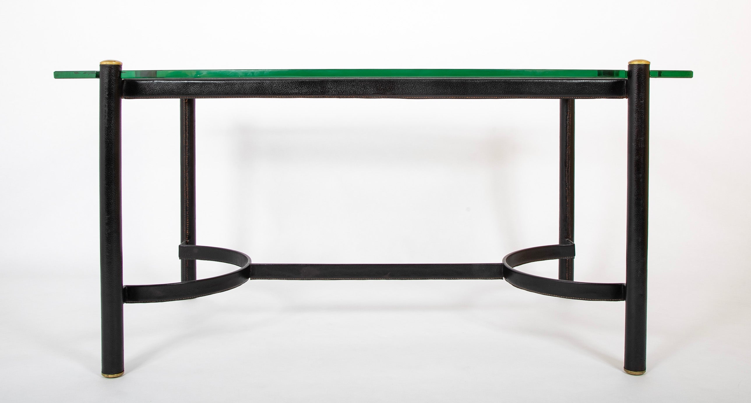 Jacques Adnet Leather Wrapped Dining Table with Glass Top