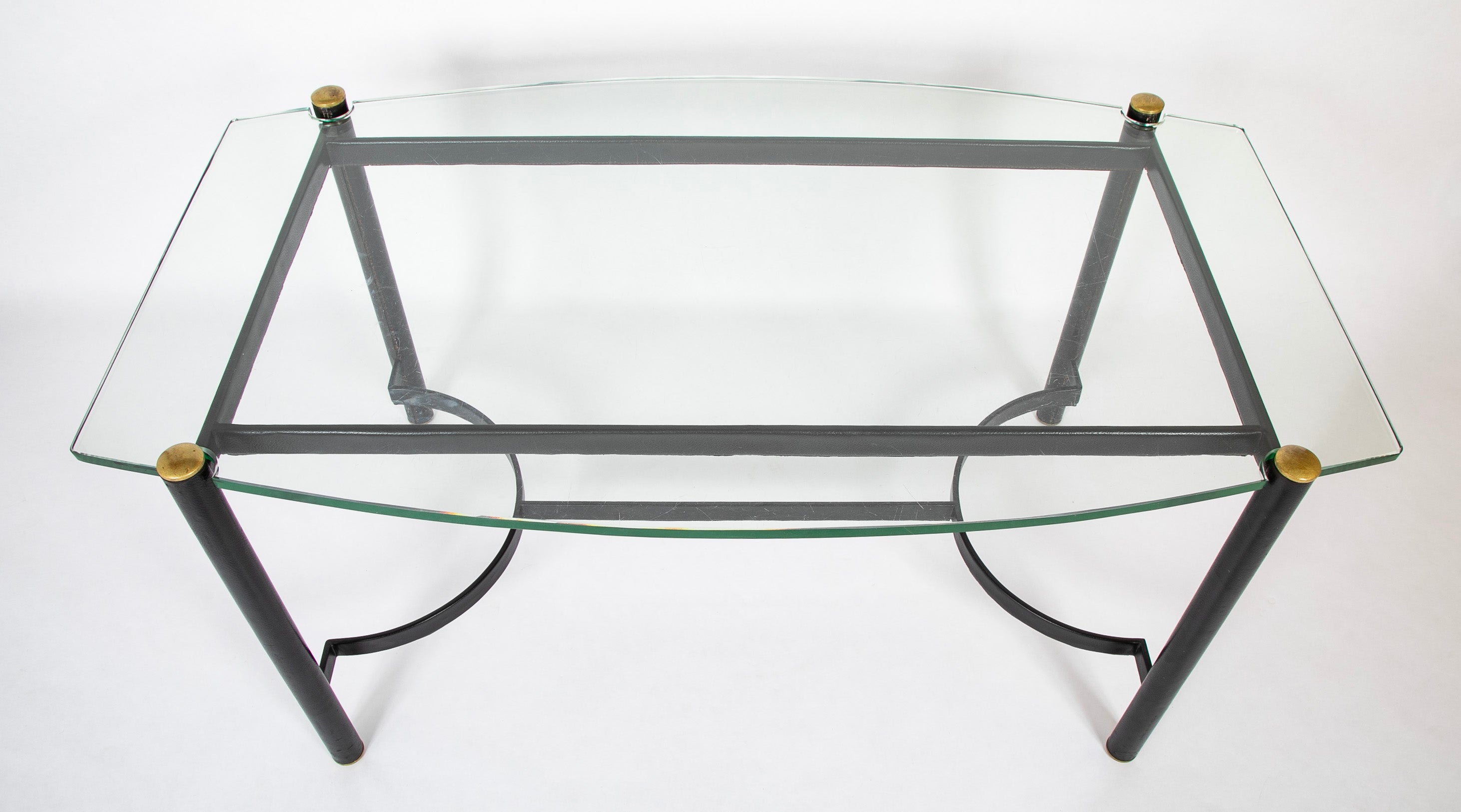 Jacques Adnet Leather Wrapped Dining Table with Glass Top