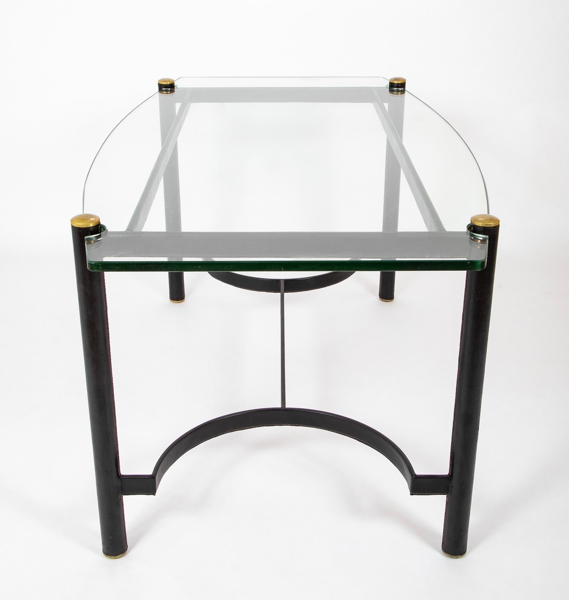 Jacques Adnet Leather Wrapped Dining Table with Glass Top