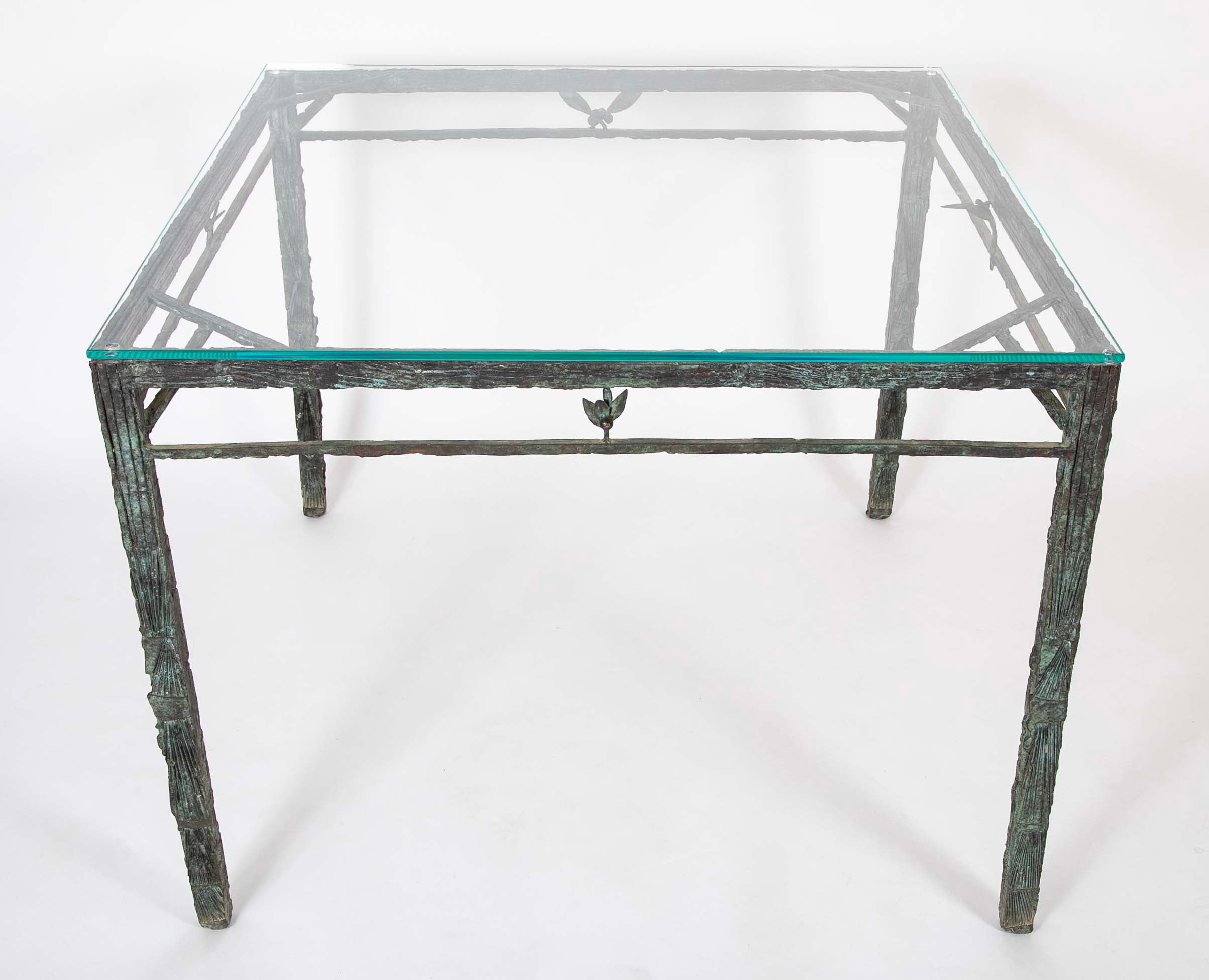 Louis Cane Bronze Glass Top Table with Stylized Bird in Apron