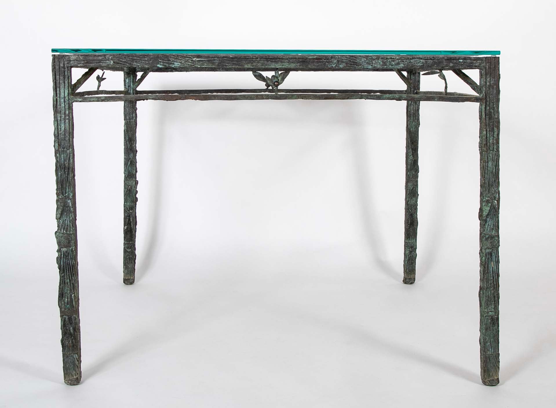 Louis Cane Bronze Glass Top Table with Stylized Bird in Apron