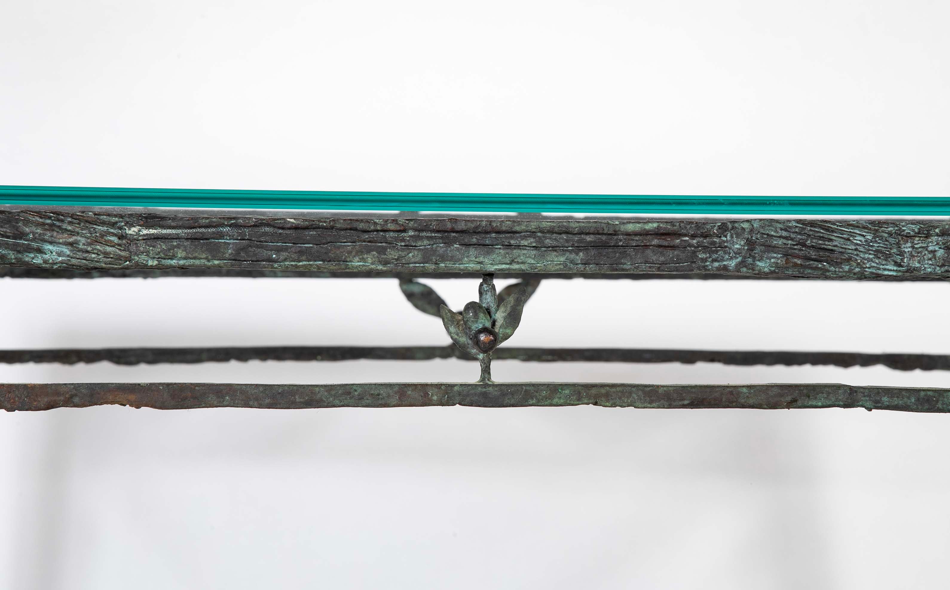 Louis Cane Bronze Glass Top Table with Stylized Bird in Apron