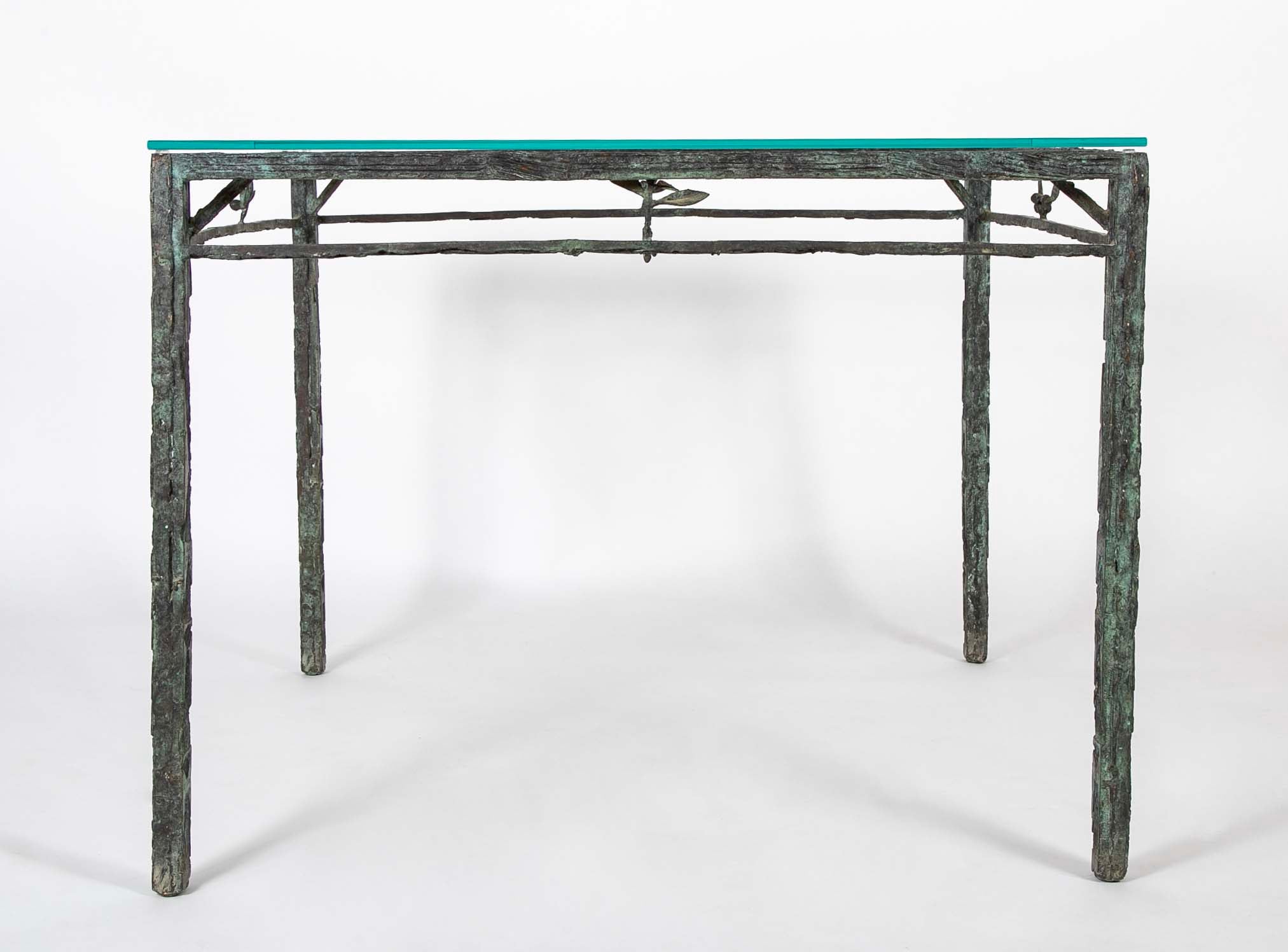 Louis Cane Bronze Glass Top Table with Stylized Bird in Apron