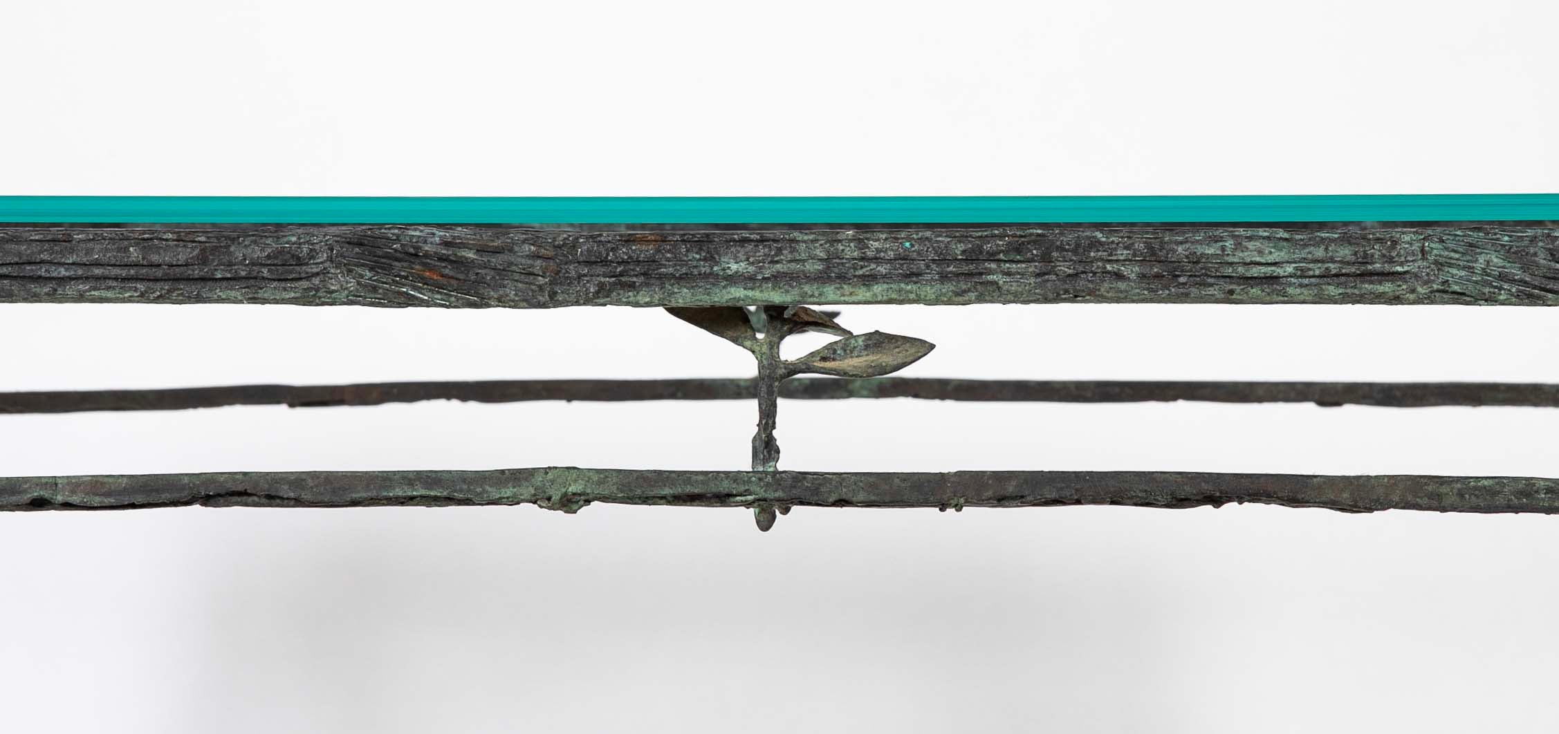 Louis Cane Bronze Glass Top Table with Stylized Bird in Apron
