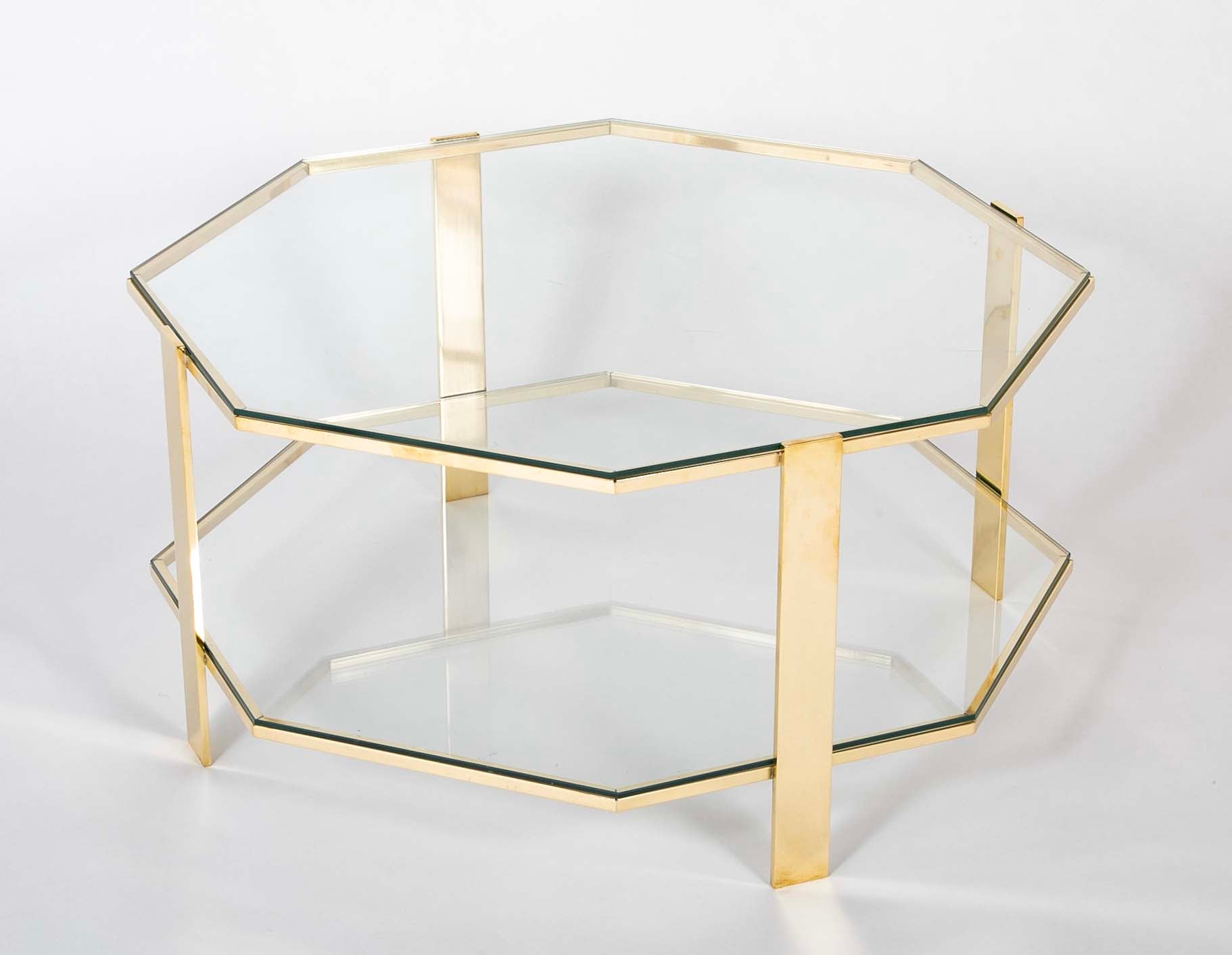 James Quinet for Maison Malabert Two Tier Hexagonal Bronze Frame Glass Table