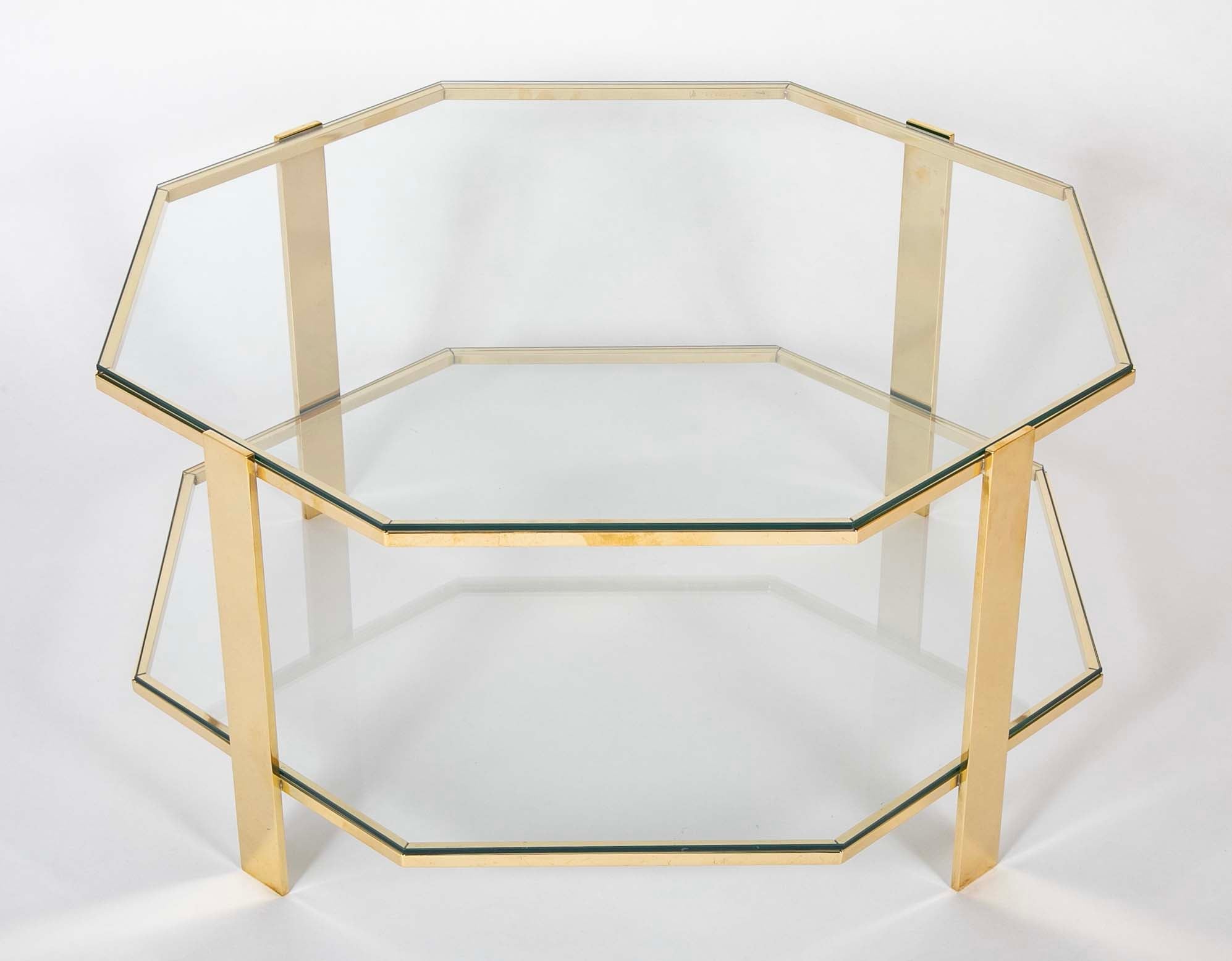 James Quinet for Maison Malabert Two Tier Hexagonal Bronze Frame Glass Table