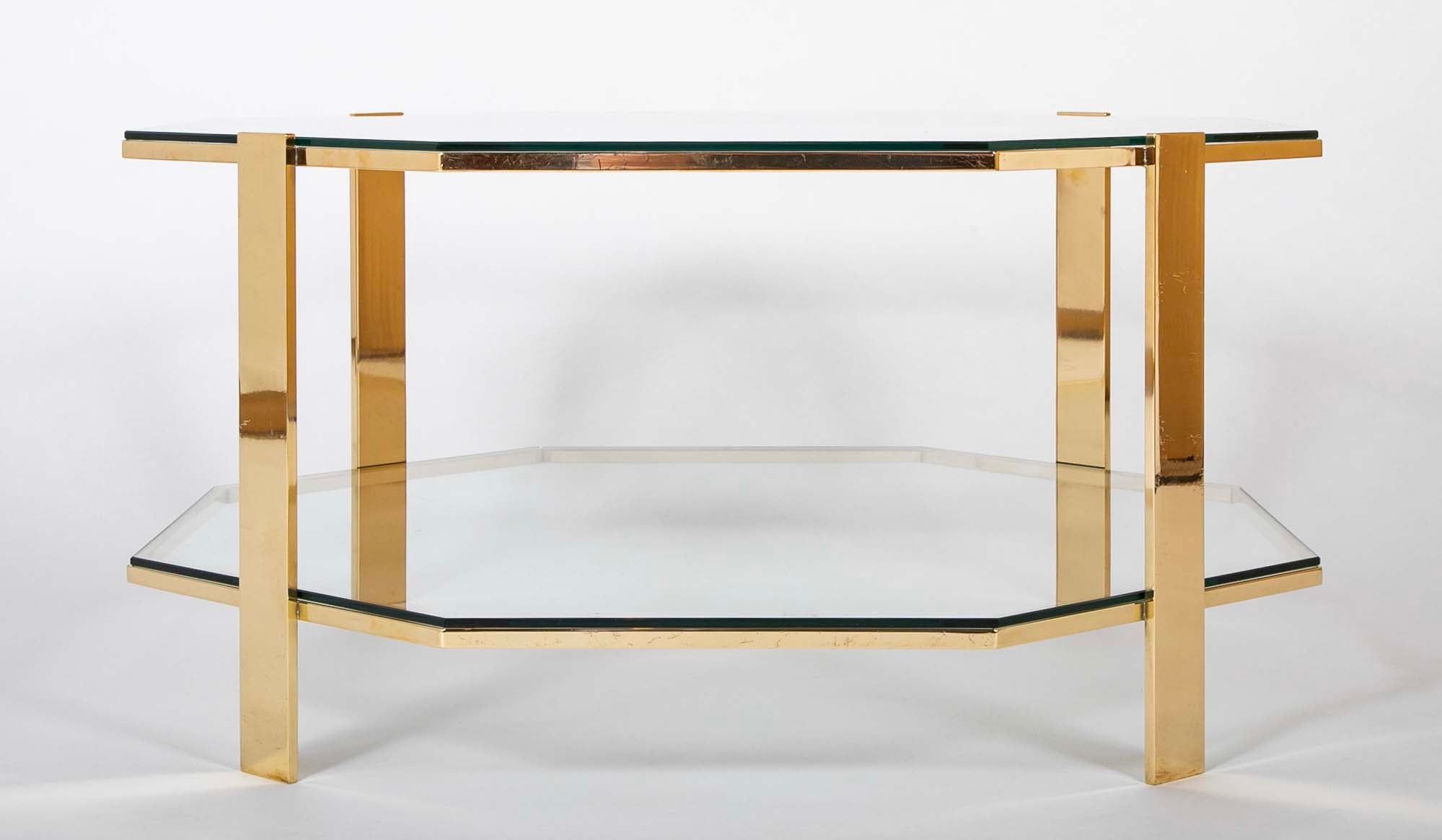 James Quinet for Maison Malabert Two Tier Hexagonal Bronze Frame Glass Table