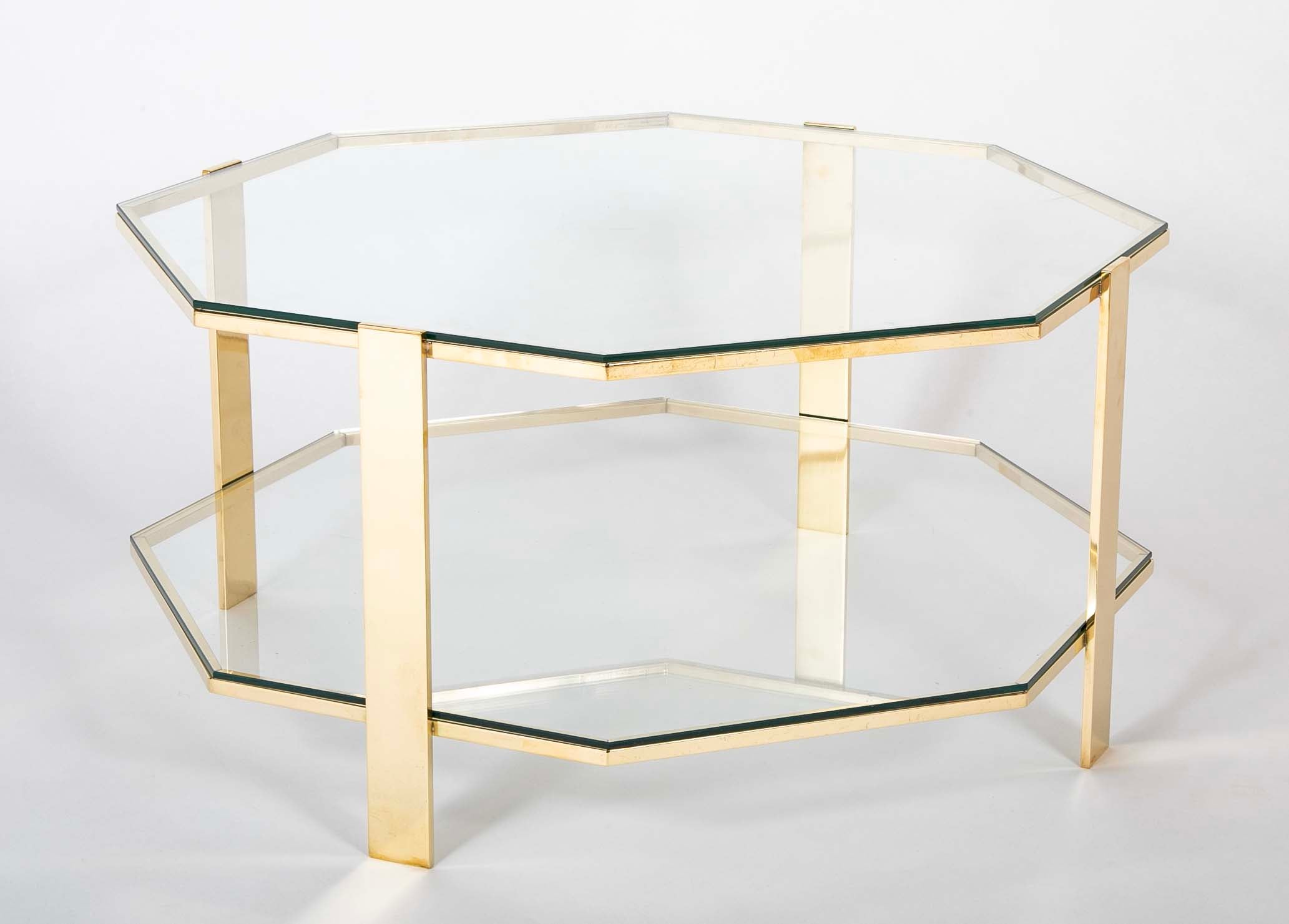 James Quinet for Maison Malabert Two Tier Hexagonal Bronze Frame Glass Table