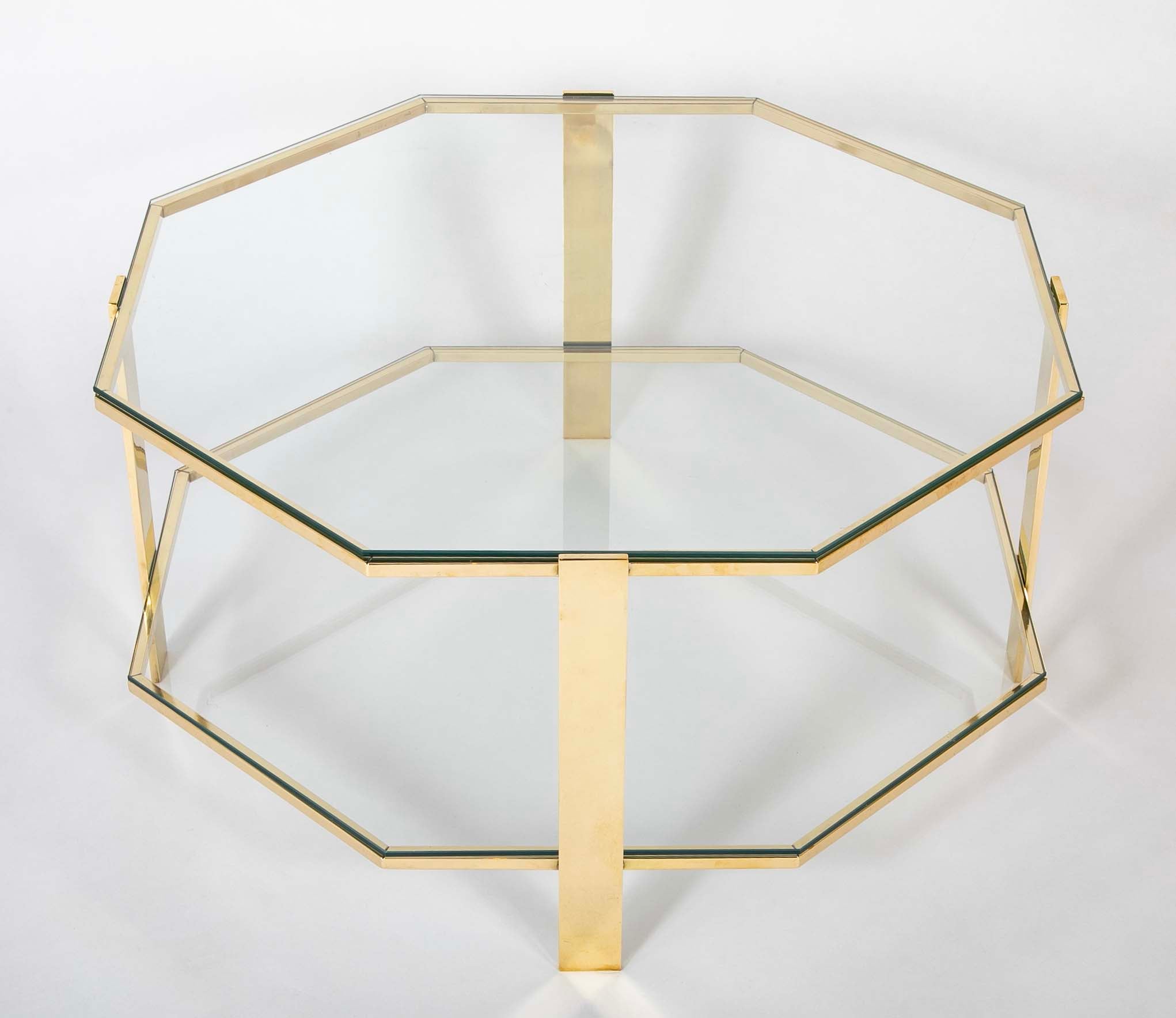 James Quinet for Maison Malabert Two Tier Hexagonal Bronze Frame Glass Table