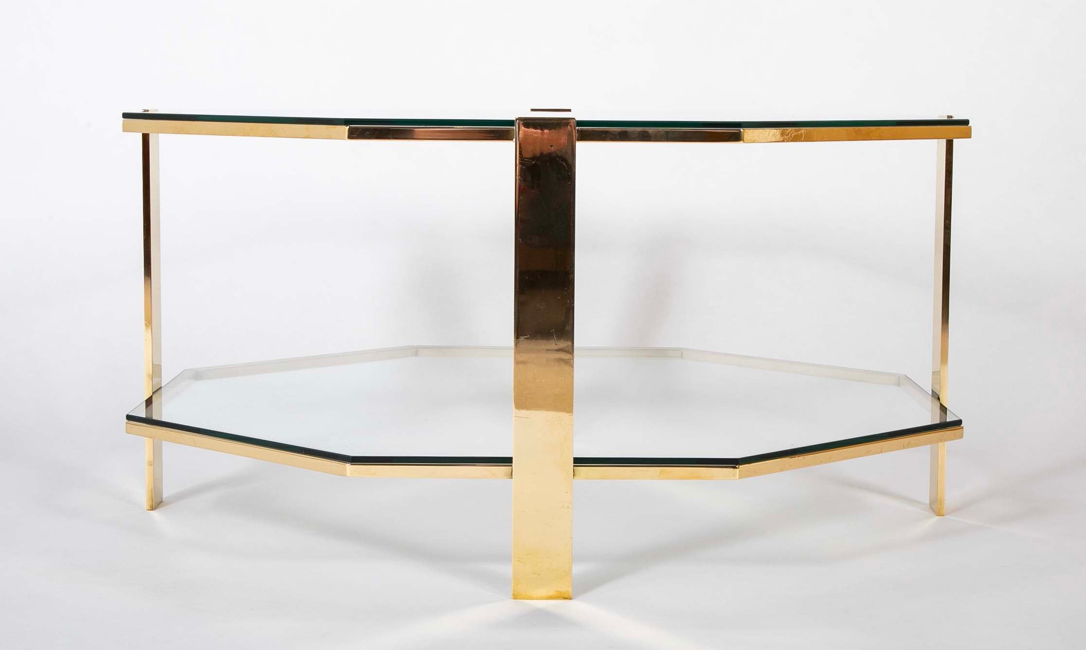 James Quinet for Maison Malabert Two Tier Hexagonal Bronze Frame Glass Table