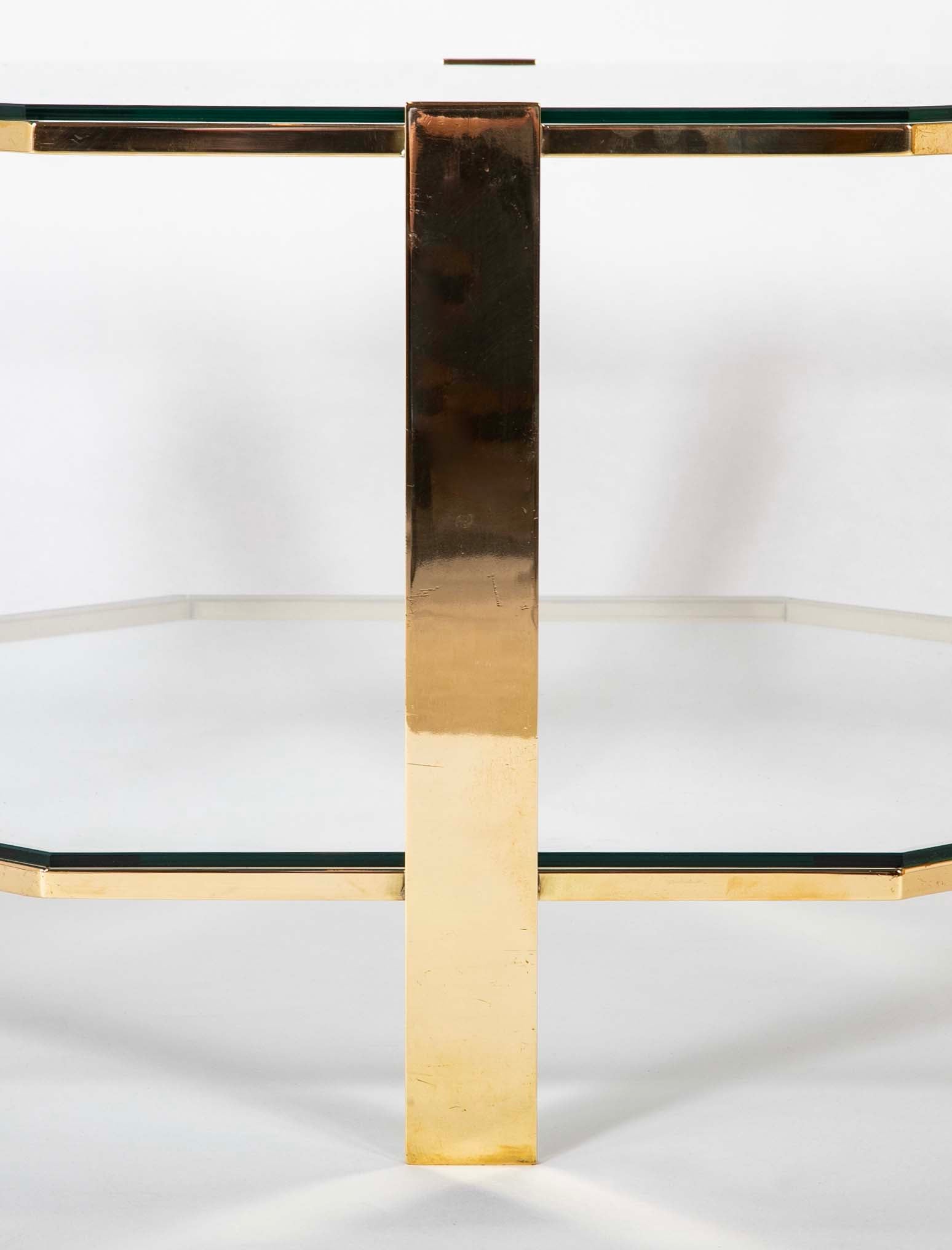 James Quinet for Maison Malabert Two Tier Hexagonal Bronze Frame Glass Table