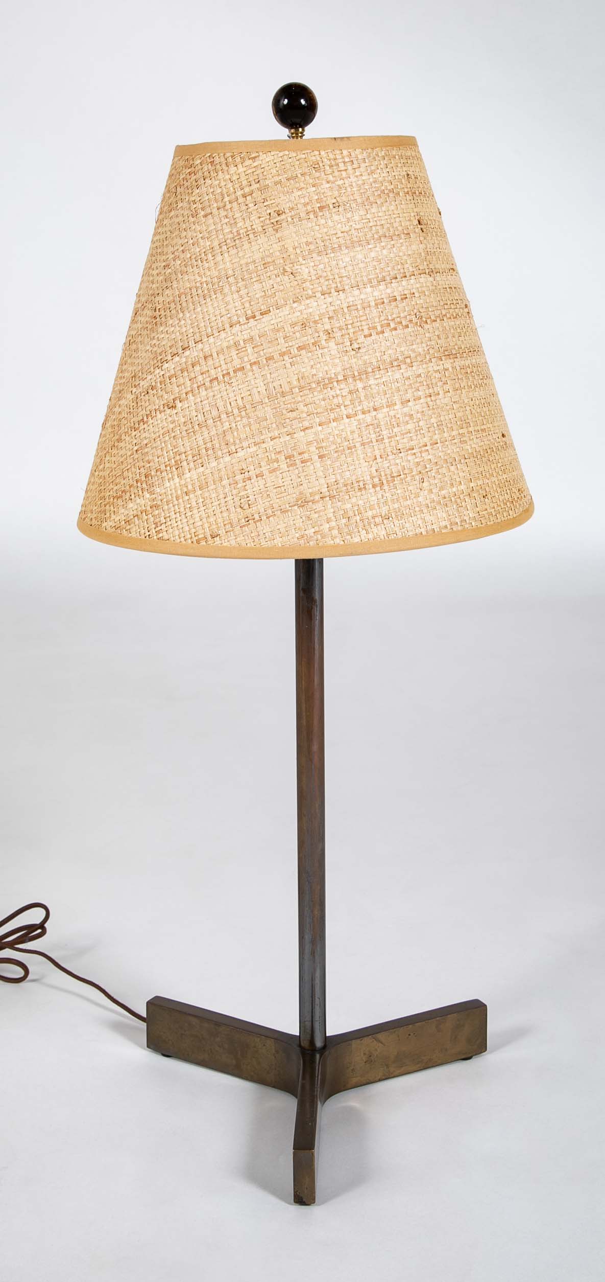 Roger Fatus for Disderot Bronze and Brass Table Lamp with Straight Column on Three Flat Metal Frame Pieces