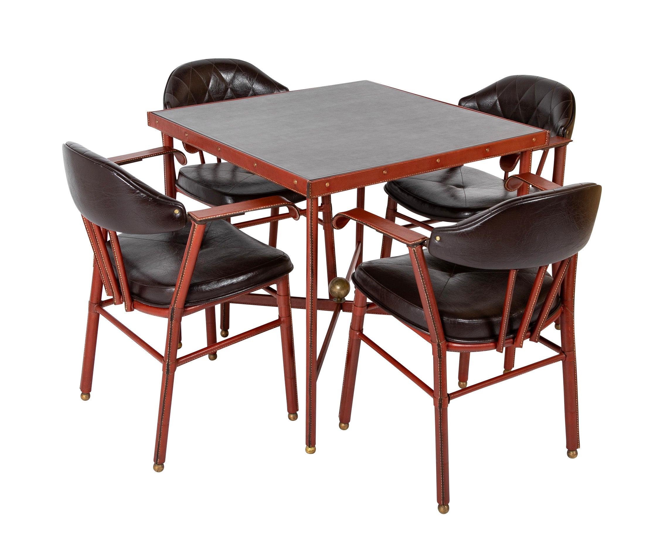Suite of Jacques Adnet Black & Brown Leather Covered Games Table & Chairs