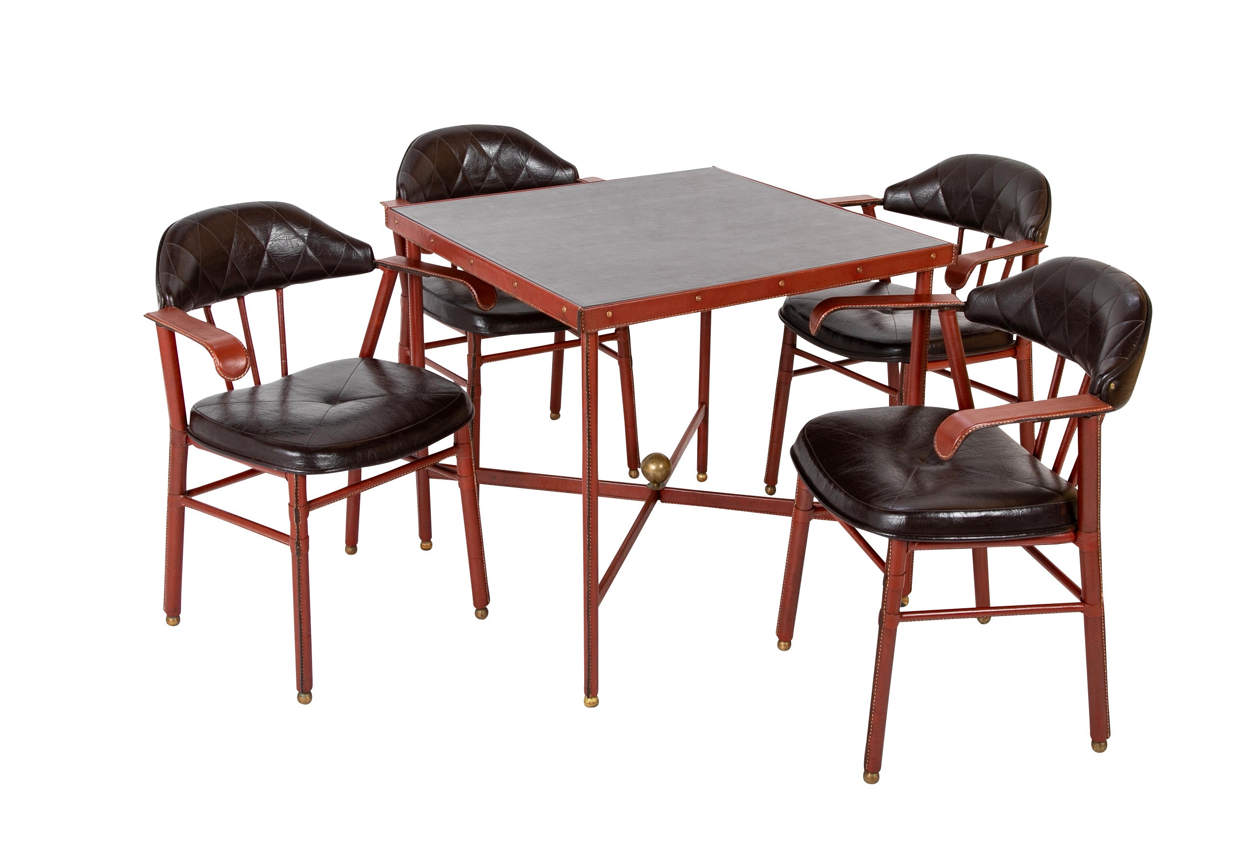 Suite of Jacques Adnet Black & Brown Leather Covered Games Table & Chairs