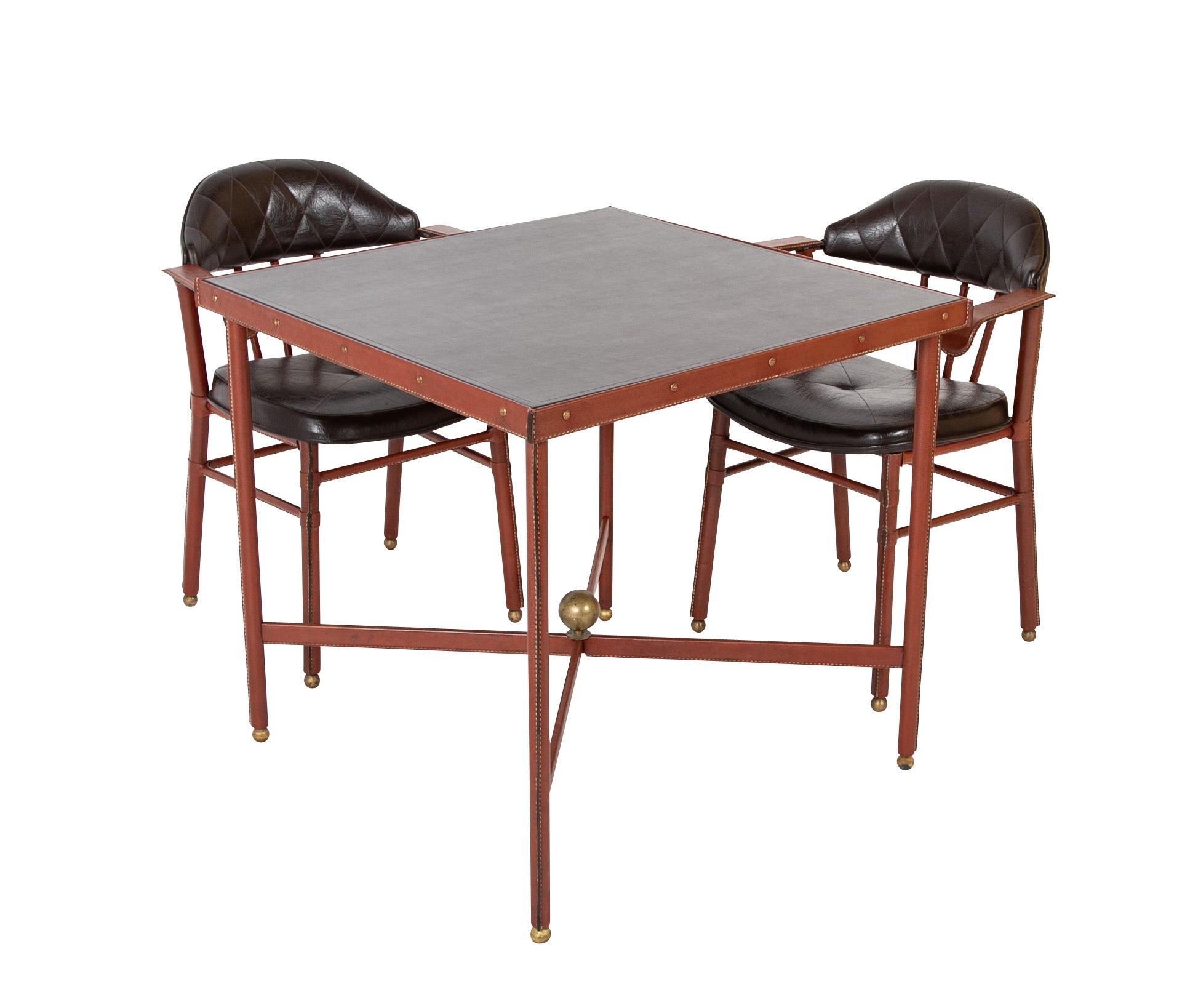 Suite of Jacques Adnet Black & Brown Leather Covered Games Table & Chairs