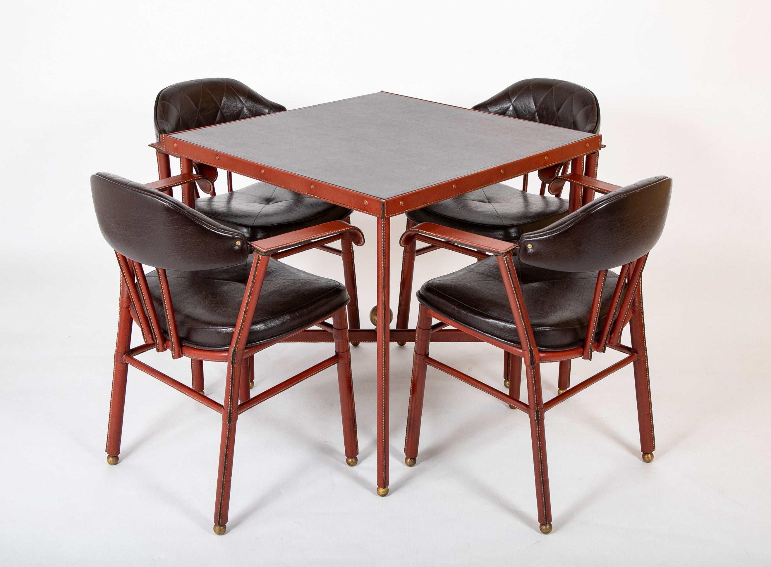Suite of Jacques Adnet Black & Brown Leather Covered Games Table & Chairs