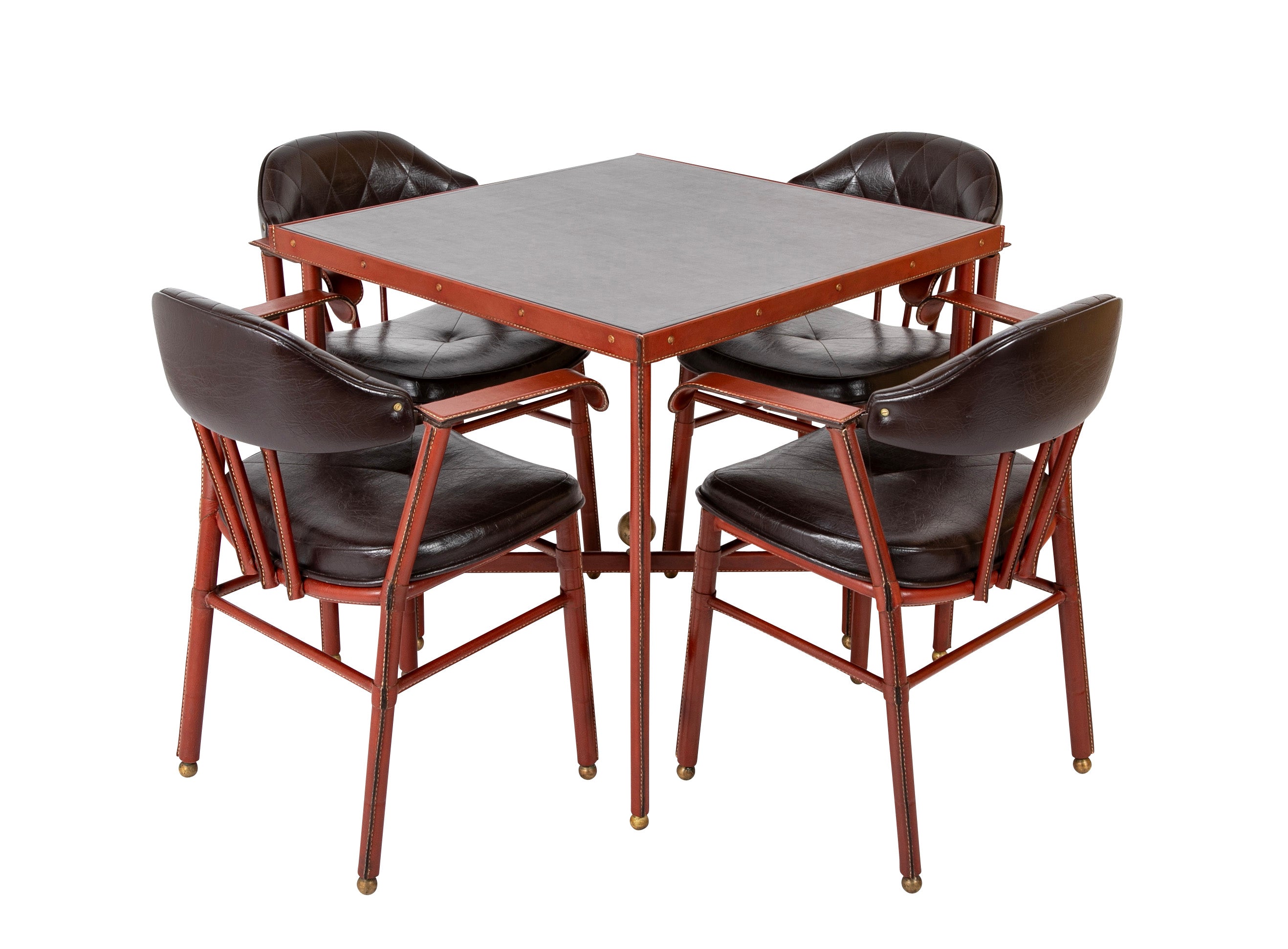Suite of Jacques Adnet Black & Brown Leather Covered Games Table & Chairs