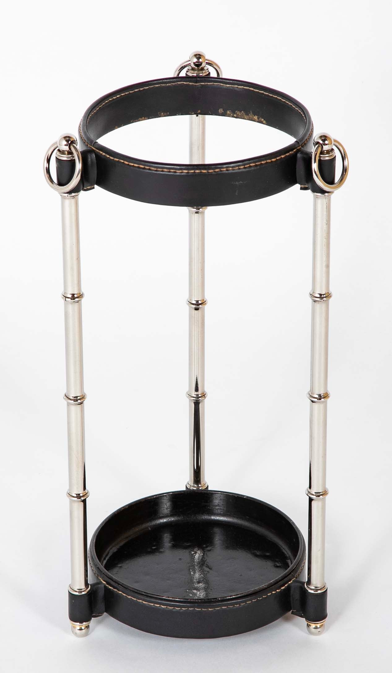 Leather and Metal Umbrella Stand Attributed to Jacques Adnet