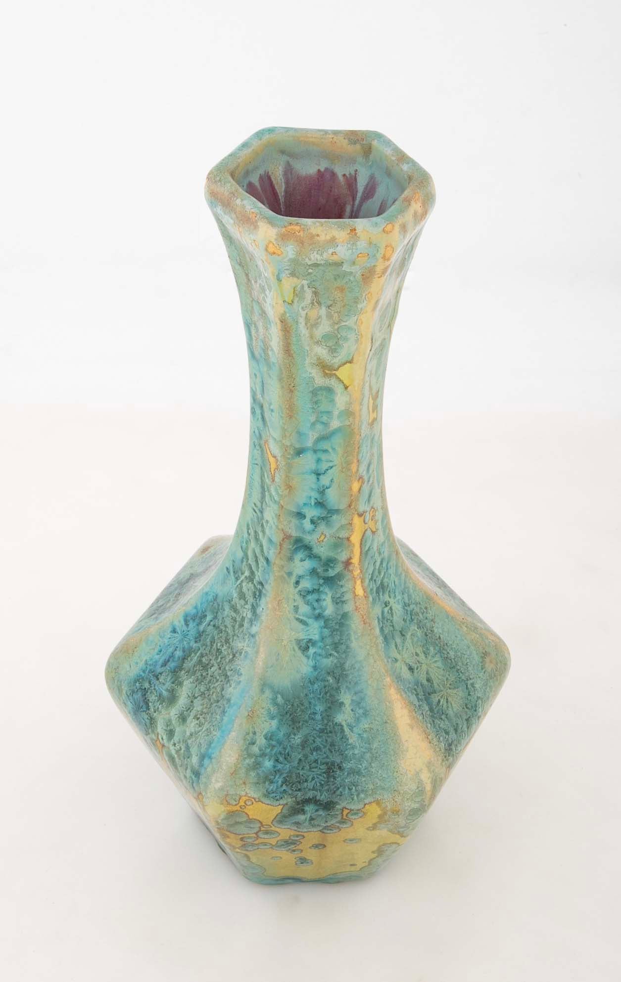 Pierrefonds Crystalline Glazed Pottery Elongated Gourd Shape Vase