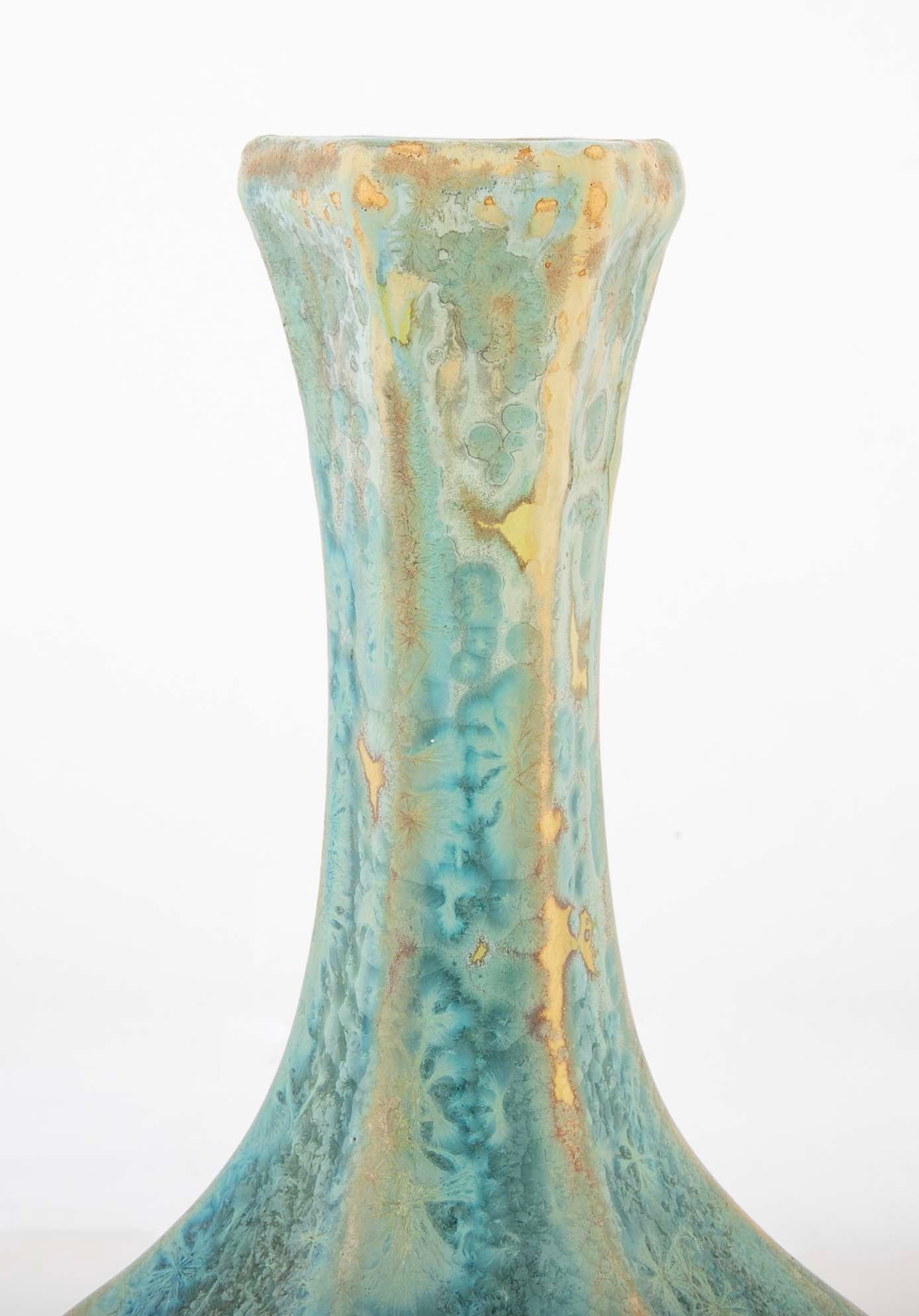 Pierrefonds Crystalline Glazed Pottery Elongated Gourd Shape Vase