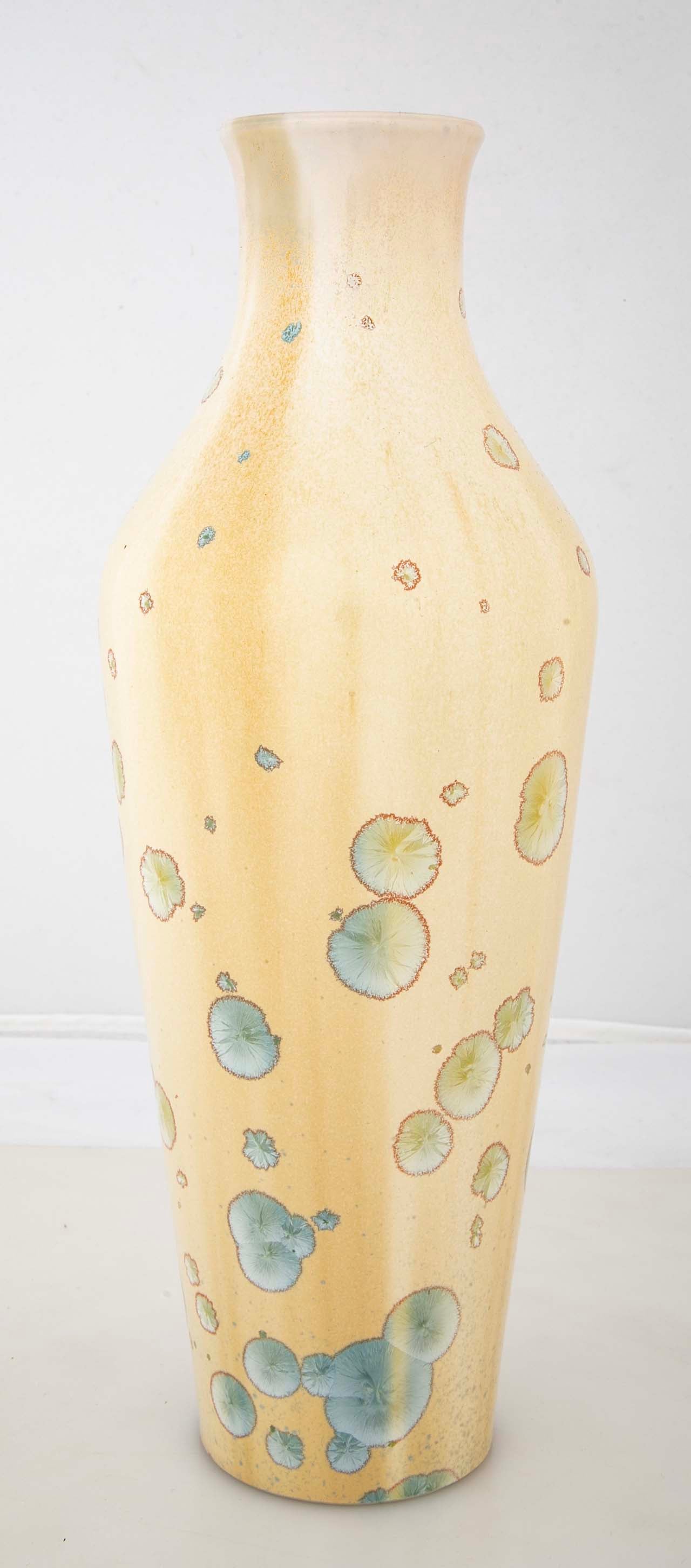 Sevres Baluster Form Vase with Iridescent Blue Speckles on Yellow Background
