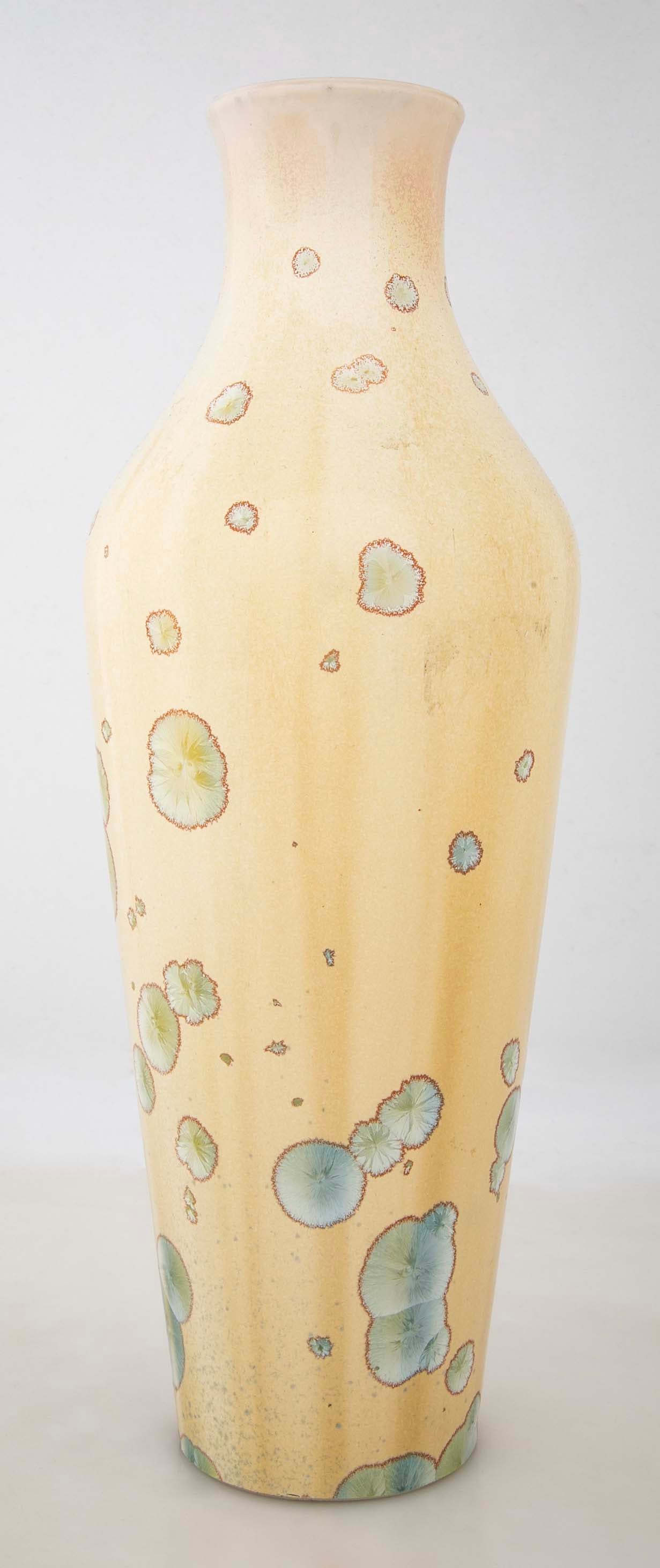 Sevres Baluster Form Vase with Iridescent Blue Speckles on Yellow Background