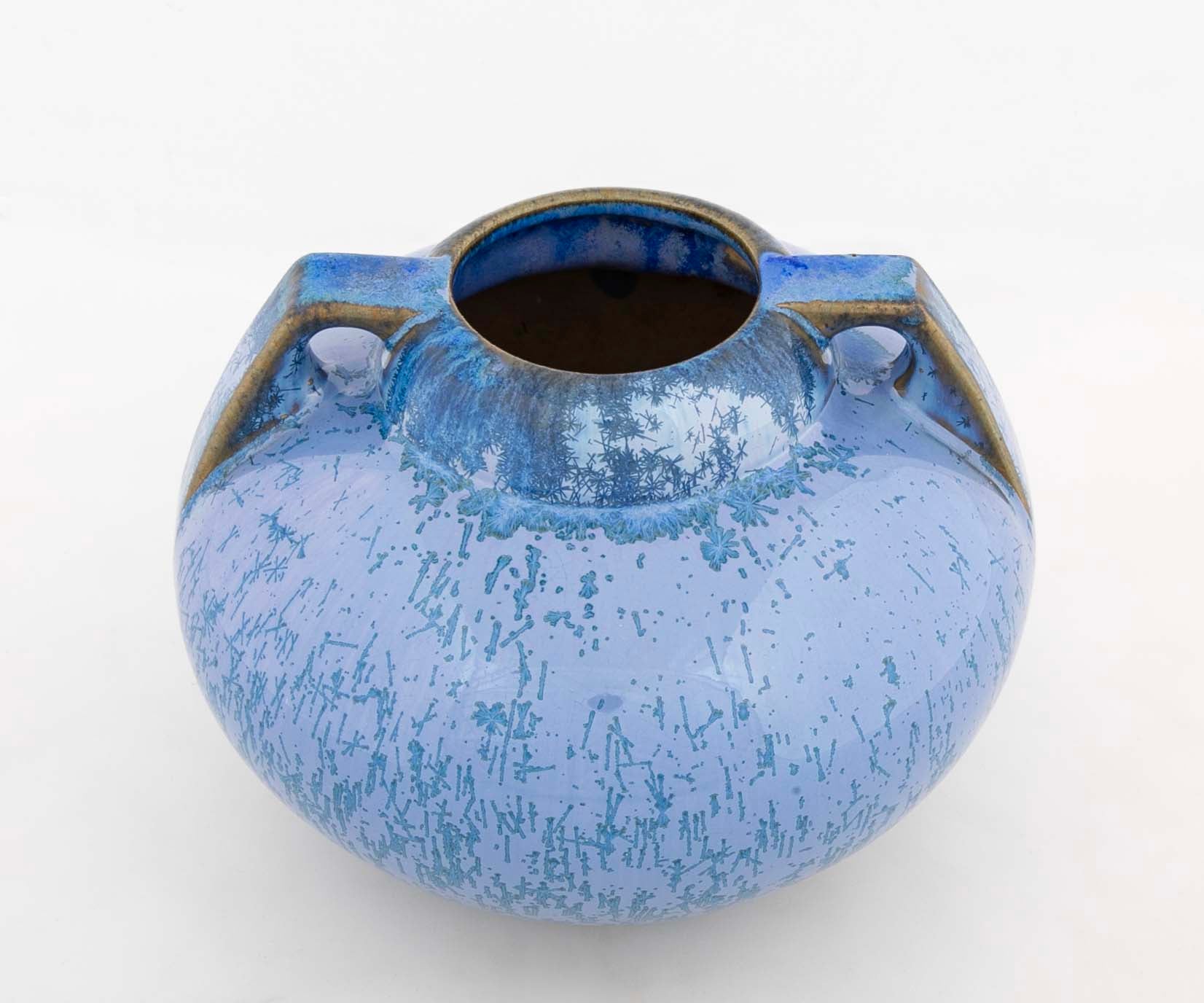 A Fulper Pottery Double Handle Vase with Blue Snowflake Crystalline Glaze