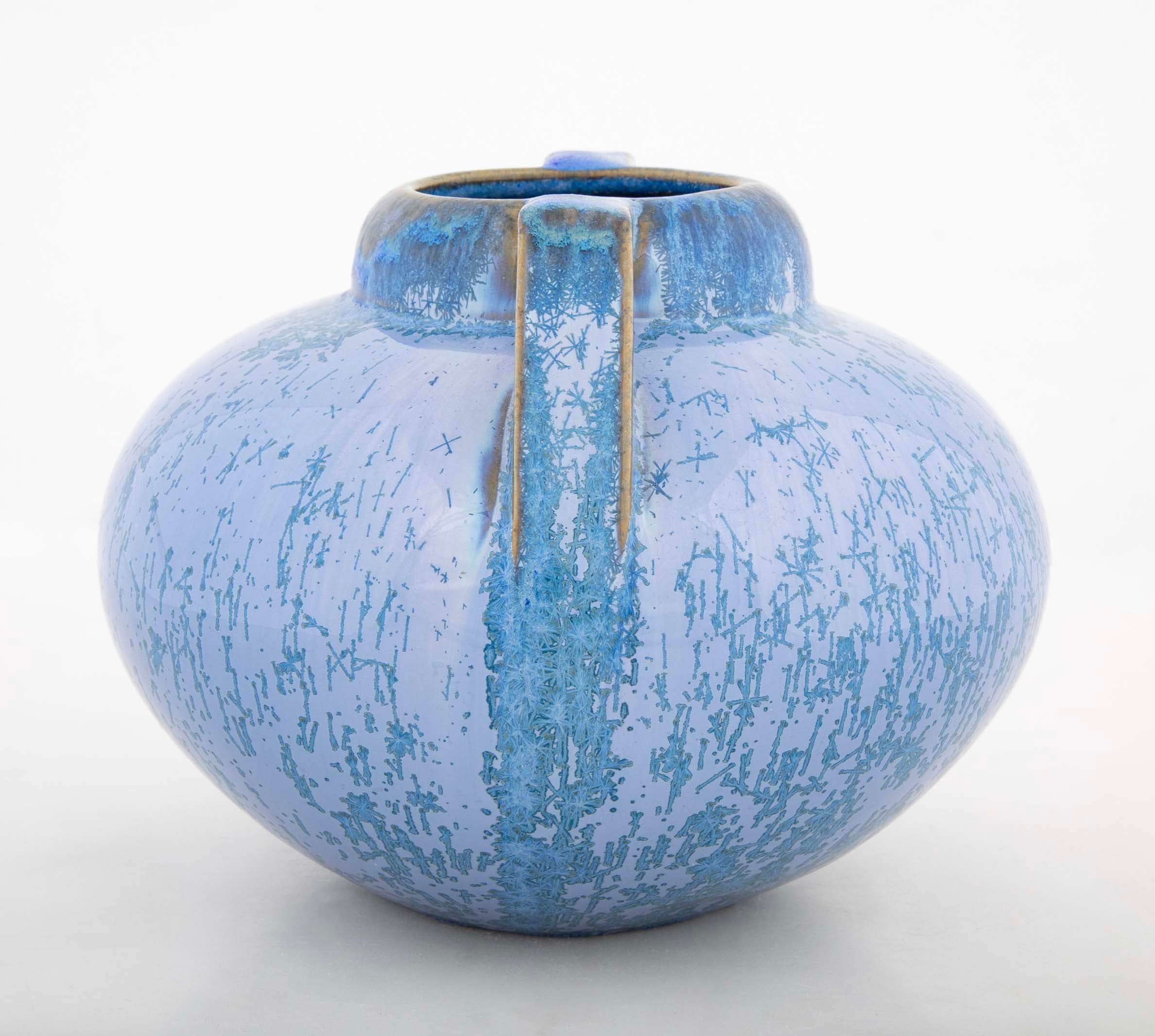 A Fulper Pottery Double Handle Vase with Blue Snowflake Crystalline Glaze