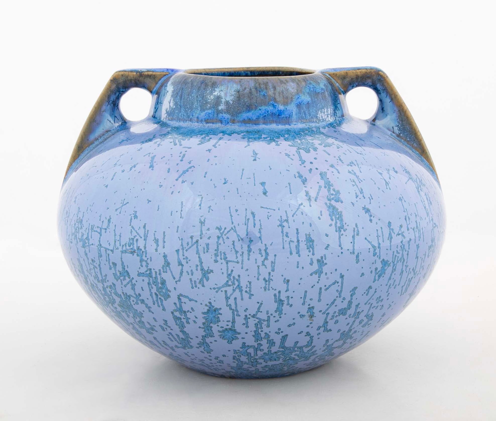 A Fulper Pottery Double Handle Vase with Blue Snowflake Crystalline Glaze