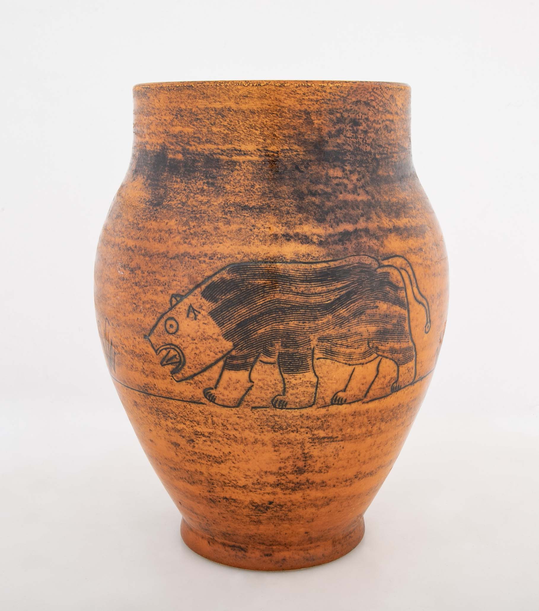 Orange Glazed Vase with Bull by French Ceramist Jacques Blin