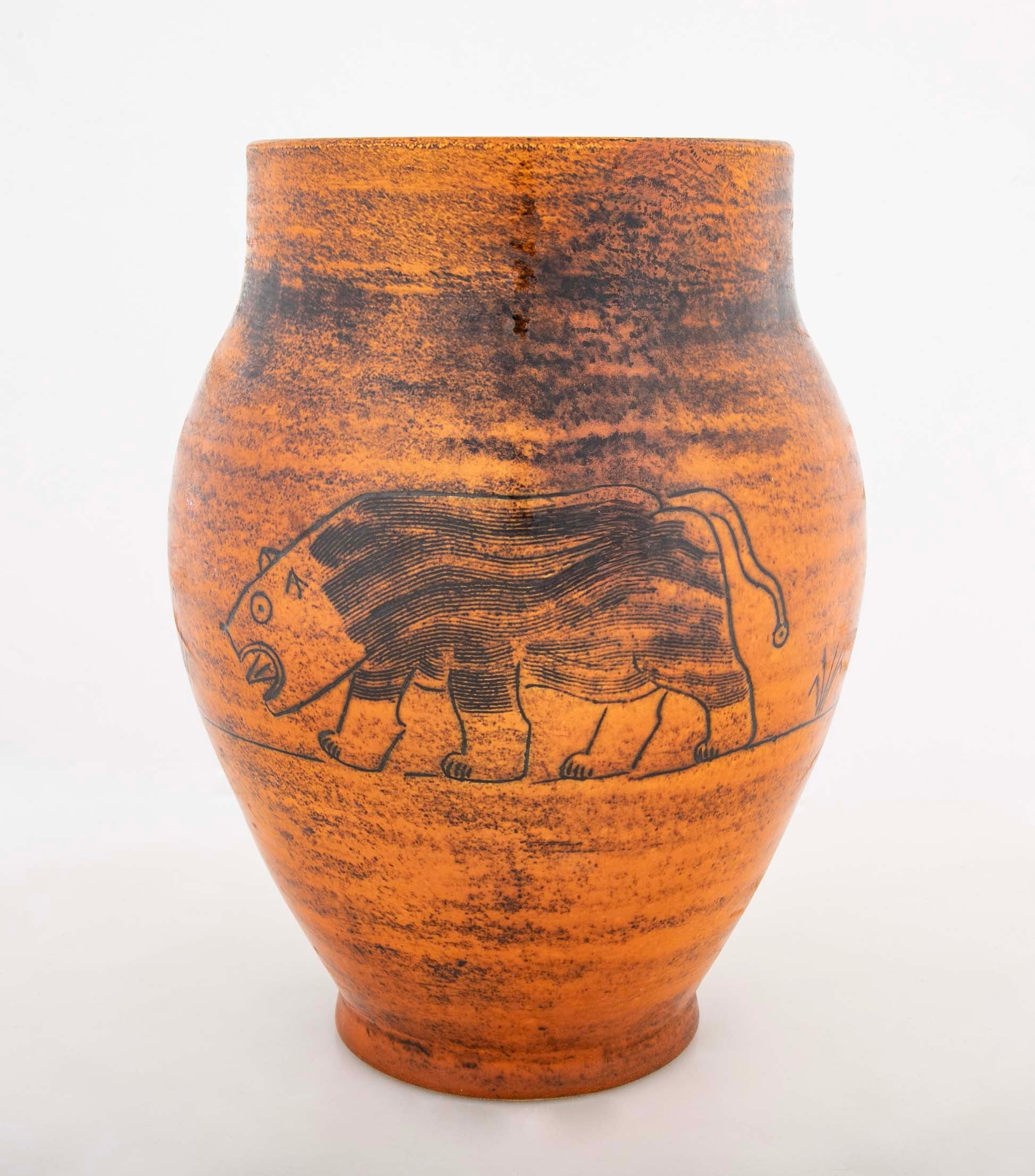 Orange Glazed Vase with Bull by French Ceramist Jacques Blin
