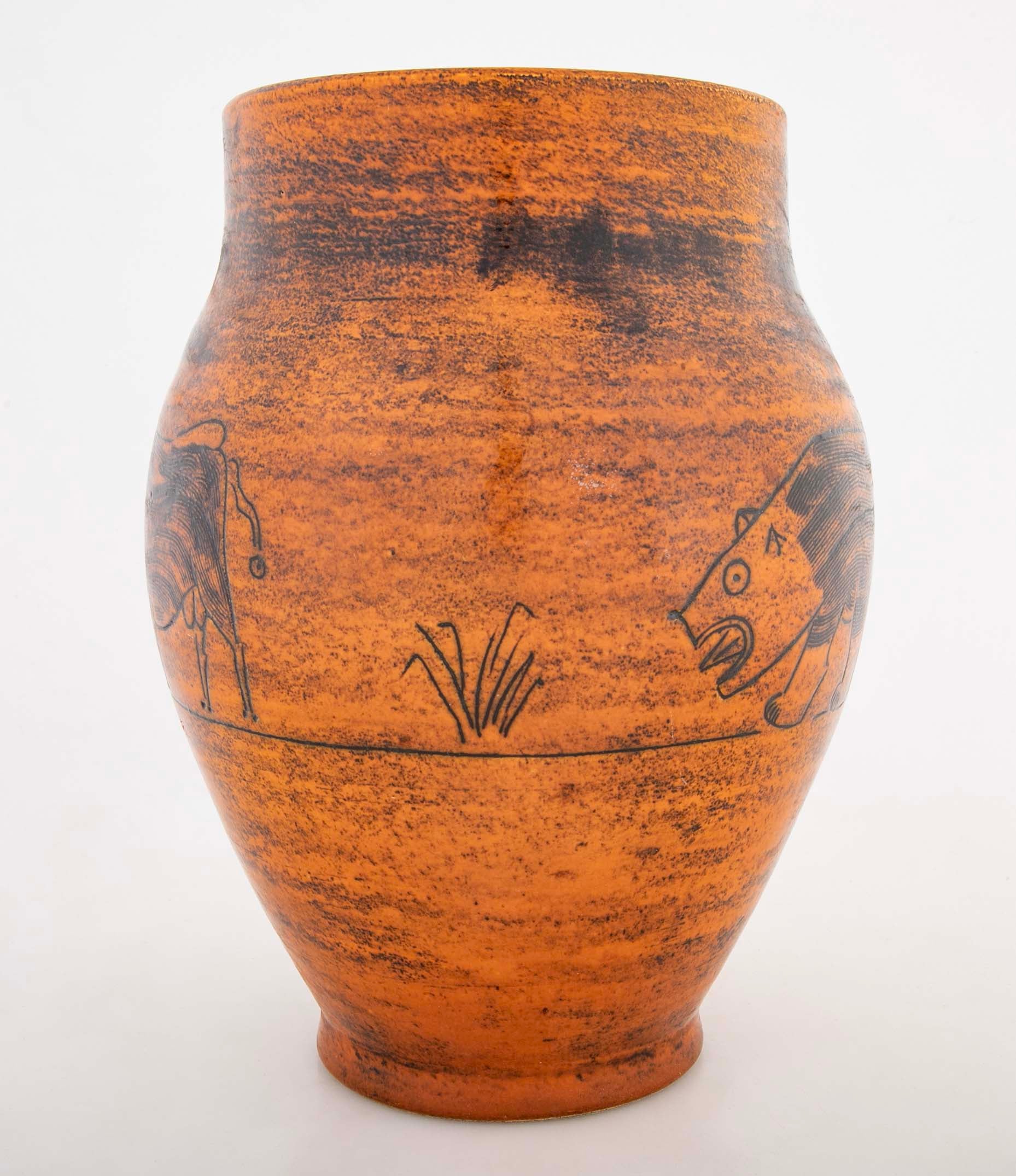 Orange Glazed Vase with Bull by French Ceramist Jacques Blin