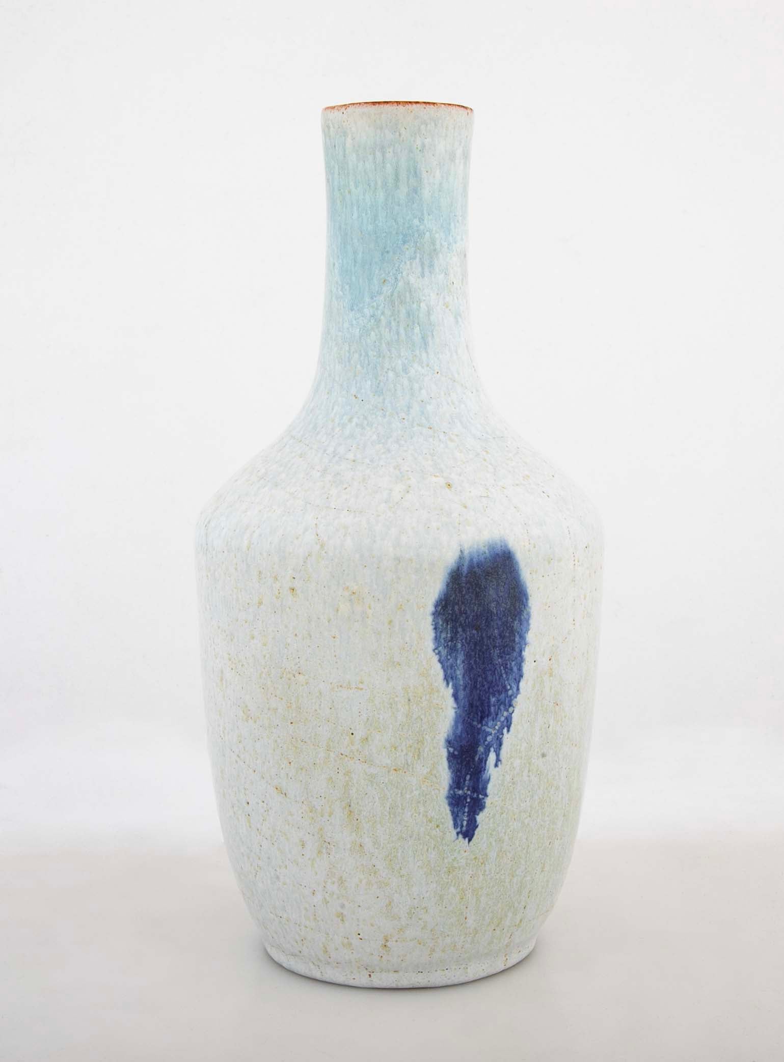 Glazed White & Blue Stoneware Vase by French Ceramist Jean Besnard