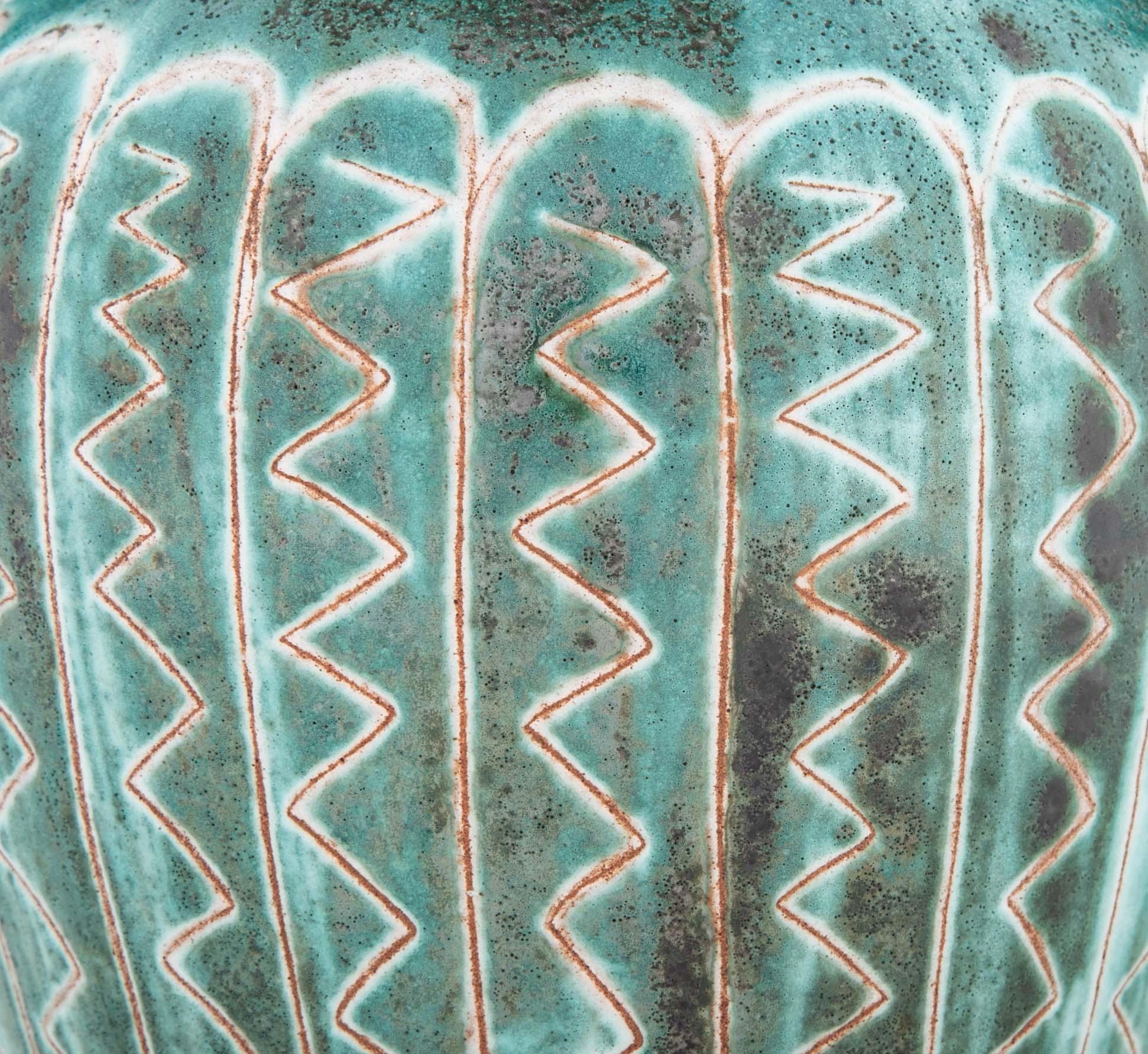 Earthenware Long Neck Teal Glazed Vase by French Ceramist Robert Picault